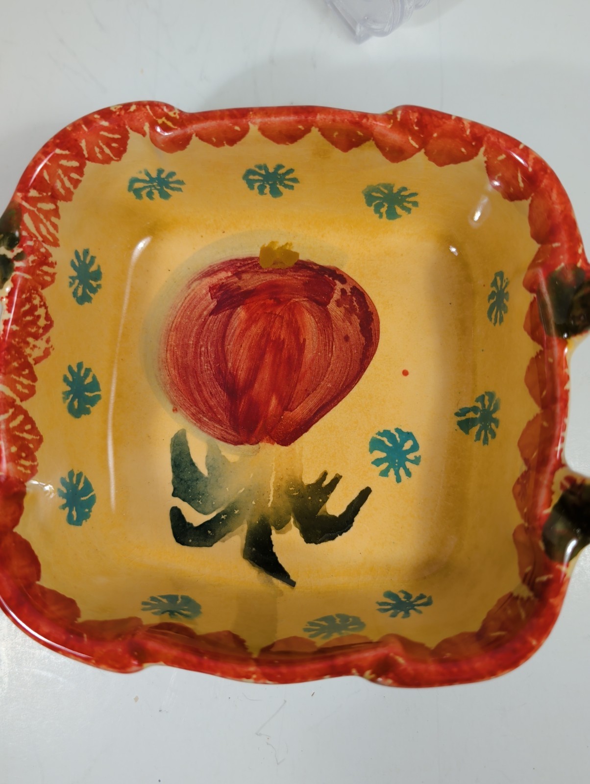 Italian Hand-Painted Vegetable Motif Two-Handled Ceramic Bowl Appx 5 In+7in Oven