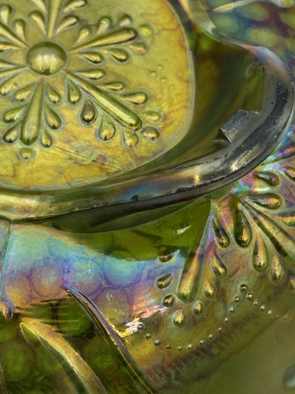 Northwood Green Grape And Cable Spt. Ftd. Carnival Glass Bowl