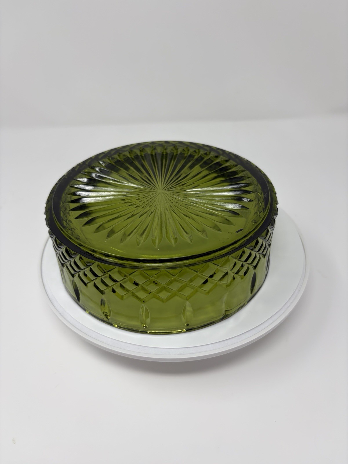 Vintage Indiana Glass Avocado Green Princess Diamond Point Candy Dish with Lid