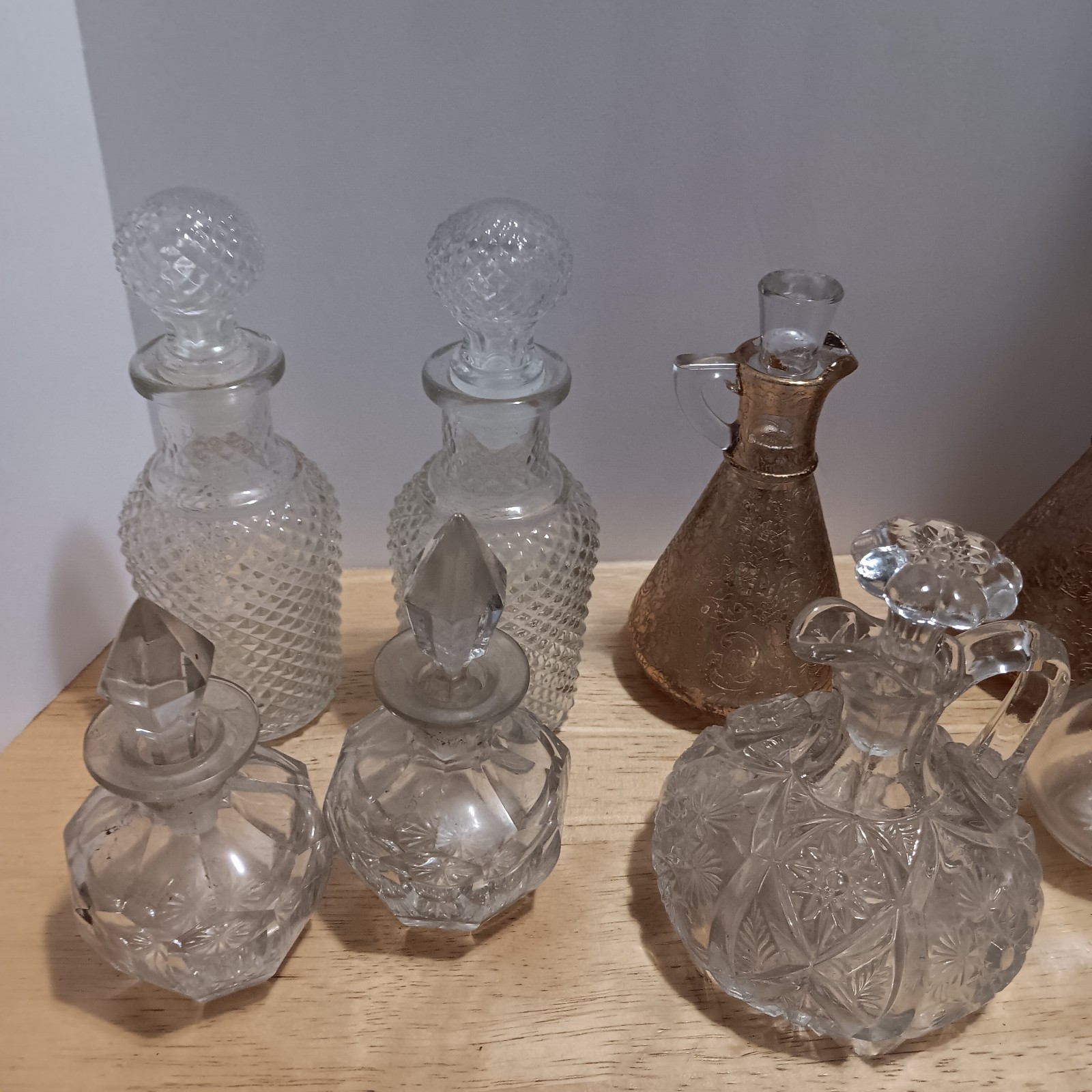 Lot of 9 Vintage Antique Glass Cruets & Decanters with Stoppers Mixed Patterns