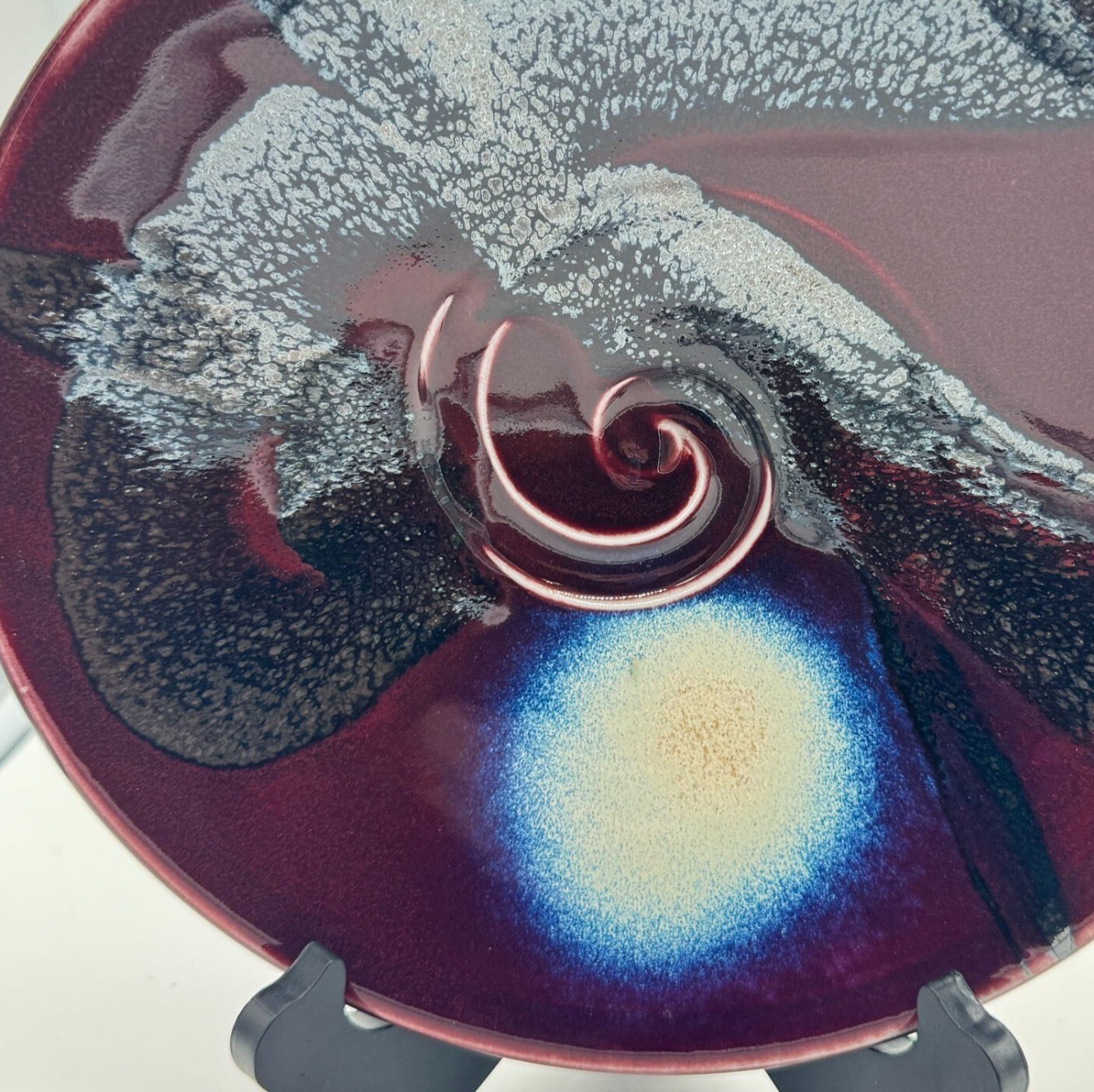 Matthew Patton Studio Pottery Bowl Abstract Swirl Blue Accents 10.25″ D