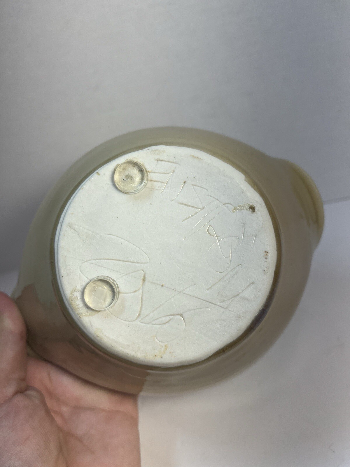 Handmade Asymmetrical Pottery Bowl Glaze Beige Red Signed 7.5 X 3.5 in.