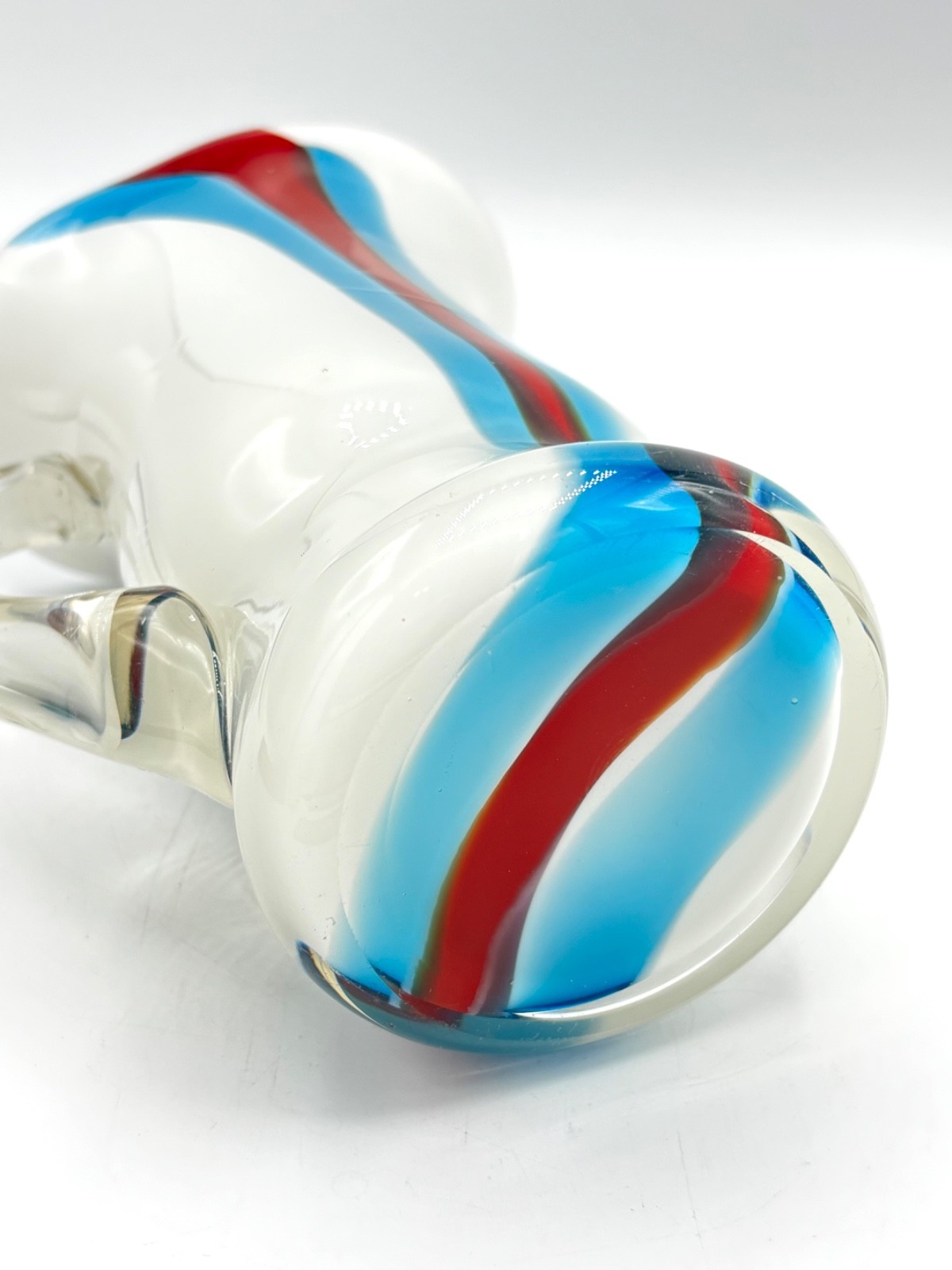 Gorgeous Handblown Art Glass Pitcher Carafe Vase in Fun Red White & Blue 8”