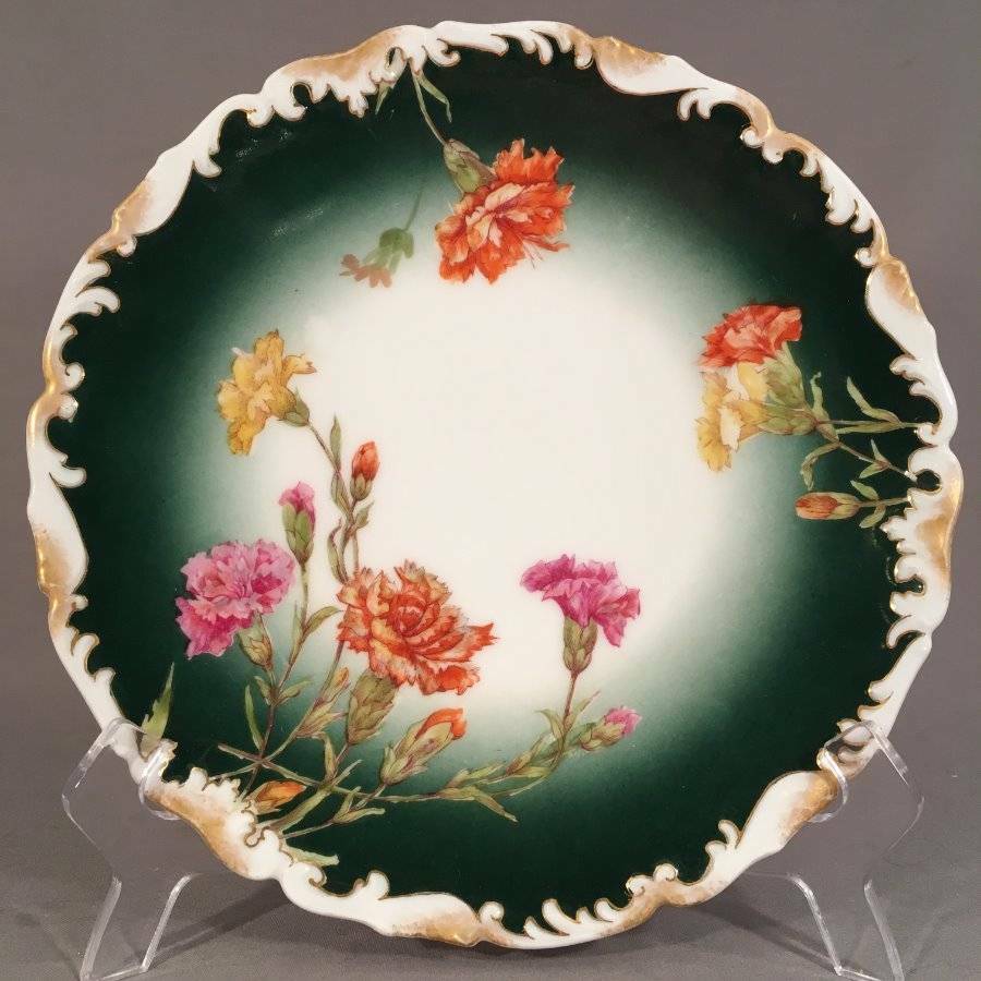 Elegant Antique T V Limoges France Dark Green Plate Scalloped Carnations Floral