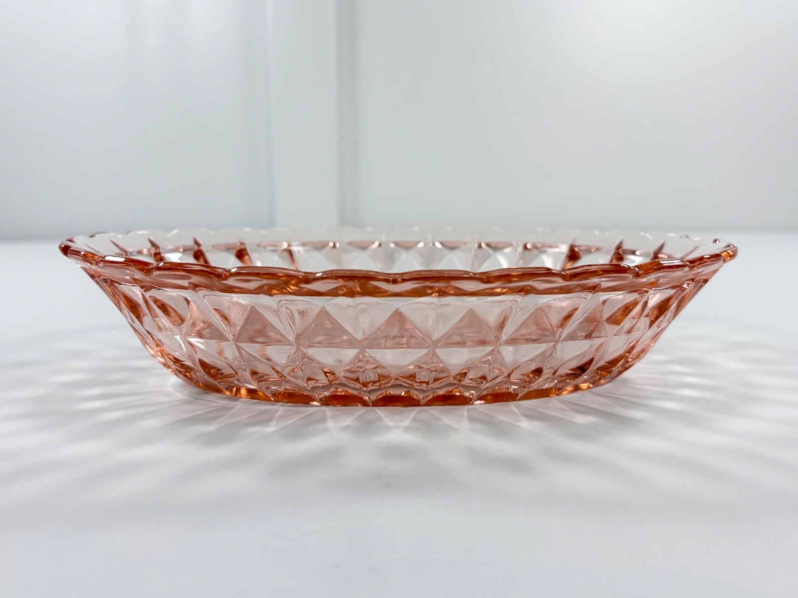 2 Vintage Jeannette Windsor Diamond Pink Depression Glass Oval Serving Bowls Set