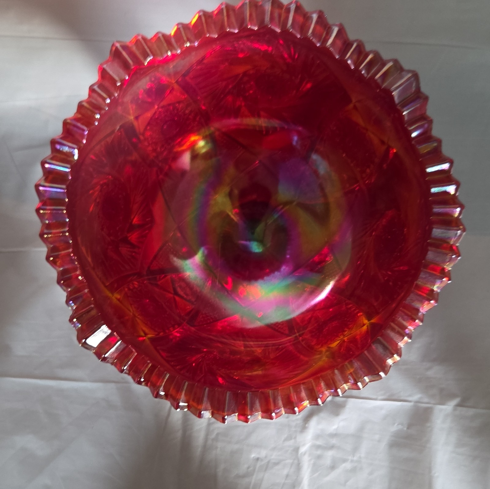 Red Iridescent Carnival Glass Starburst Pedestal Compote Bowl Round