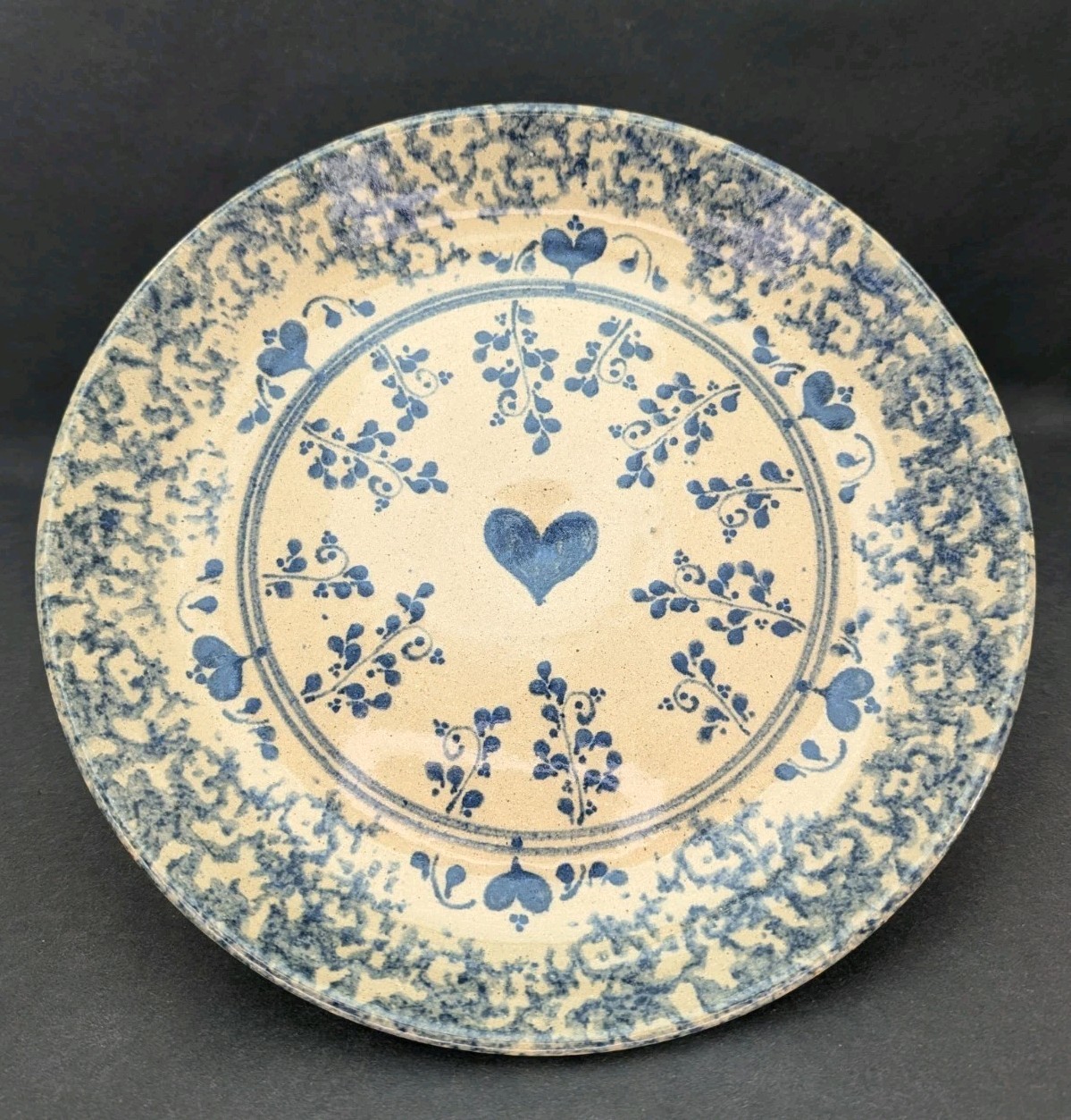 Party House Plate Blue Spongeware Heart Pottery Teacher’s Pet 1990 Carrollton IL
