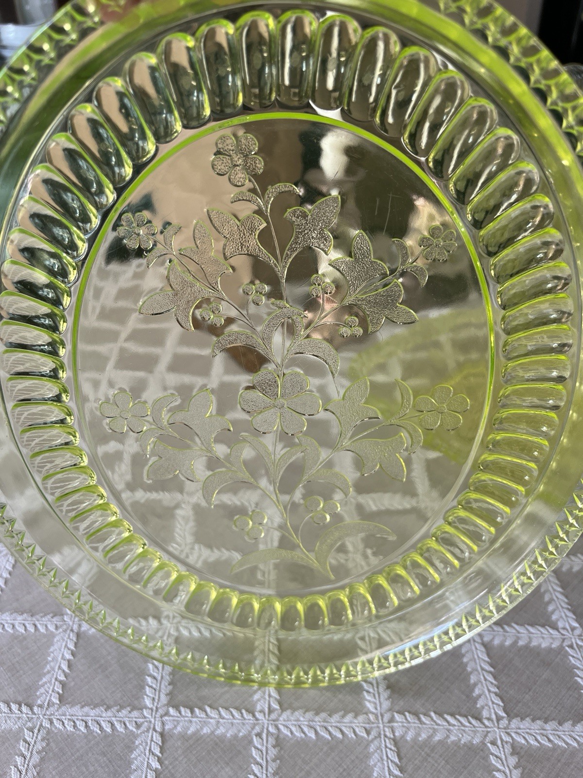 EPAG Adams & Co Vaseline Glass Oval Platter. Wildflower Pattern.