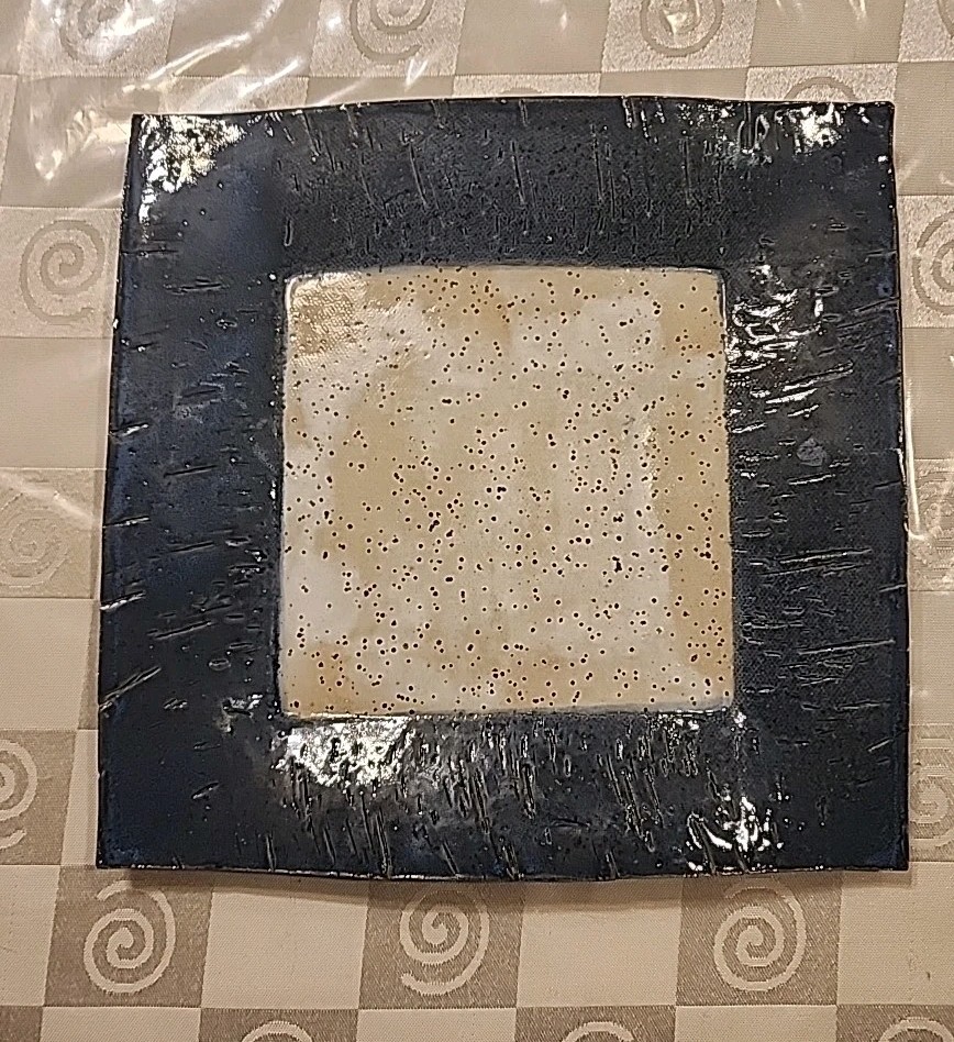 2 Studio Pottery Square Plates Hand Thrown Blue Tan Clay Stamped/Signed 9”, 5.6″