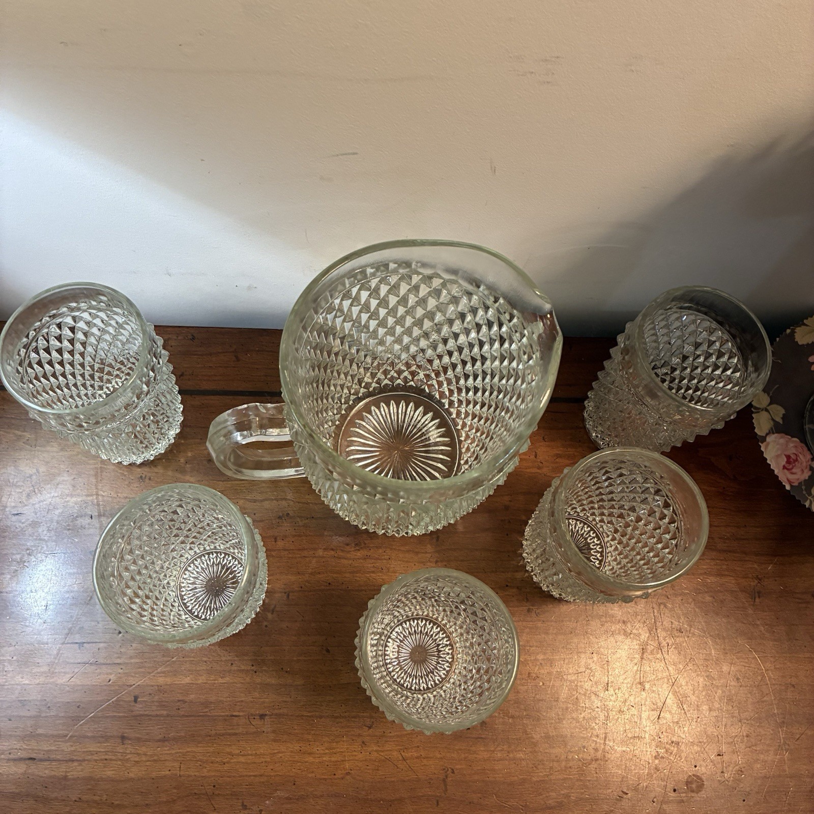 Vintage Indiana Glass Co. Pitcher Clear Diamond Point 52 oz+5 Glasses Water Tea