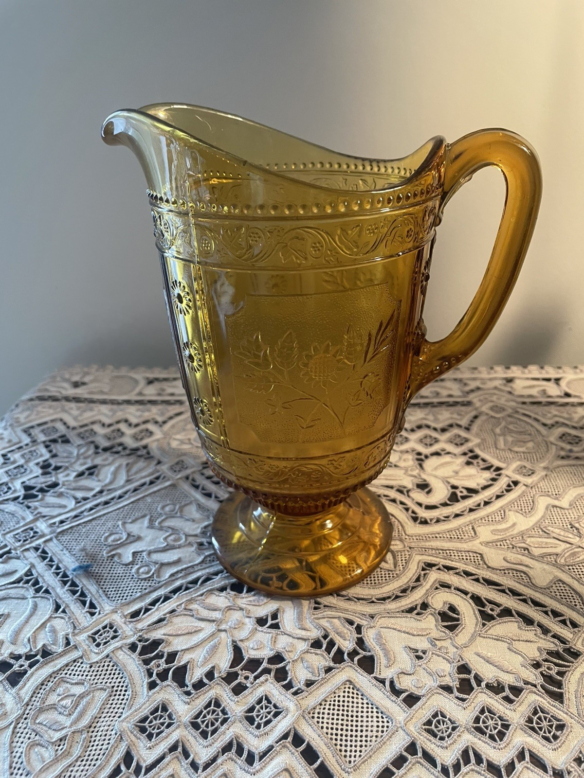 Antique EAPG Bryce Brothers Willow Oak Amber Glass Water Pitcher Circa 1880s