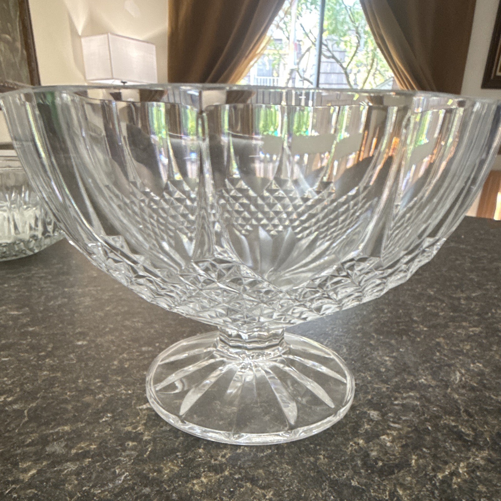 Clear Cut Glass Diamond Pattern Round Pedestal Footed Serving Bowl Compote