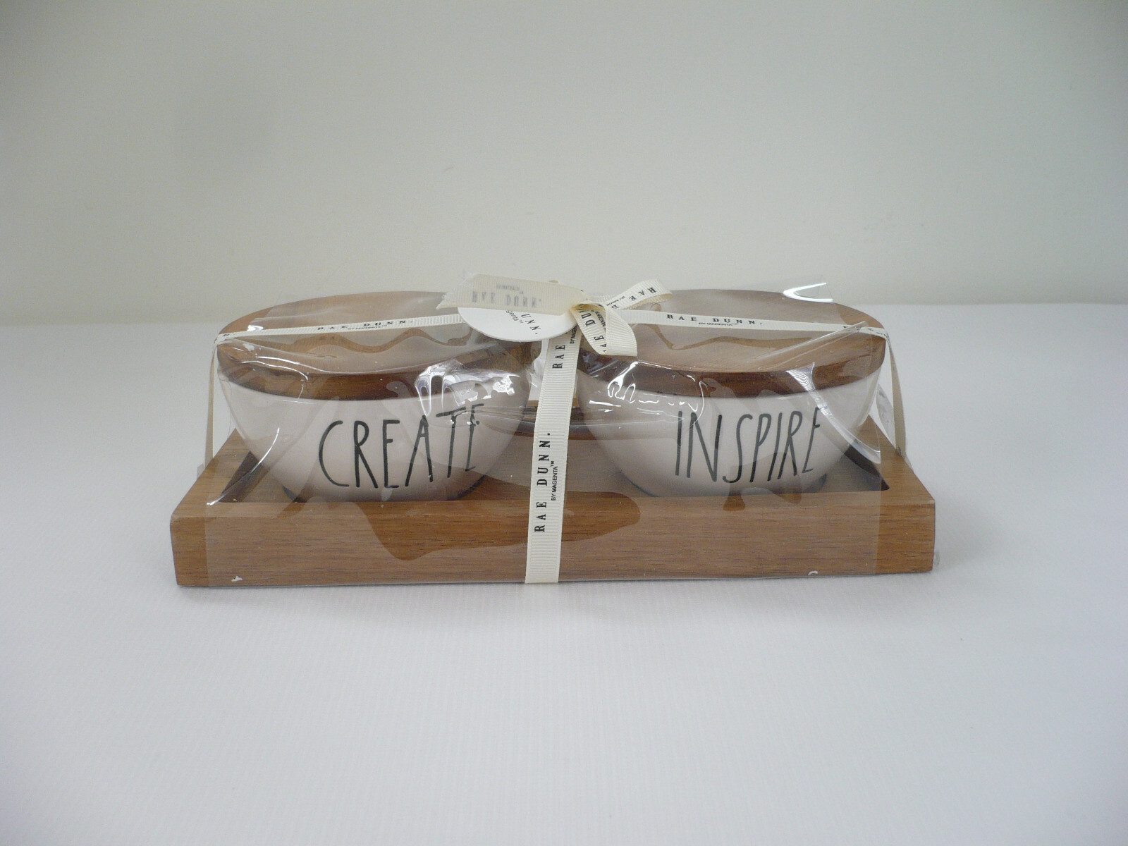 Rae Dunn 2 Sided Create & Inspire Pinch Bowls w/Wood Lids and Wooden Tray – New