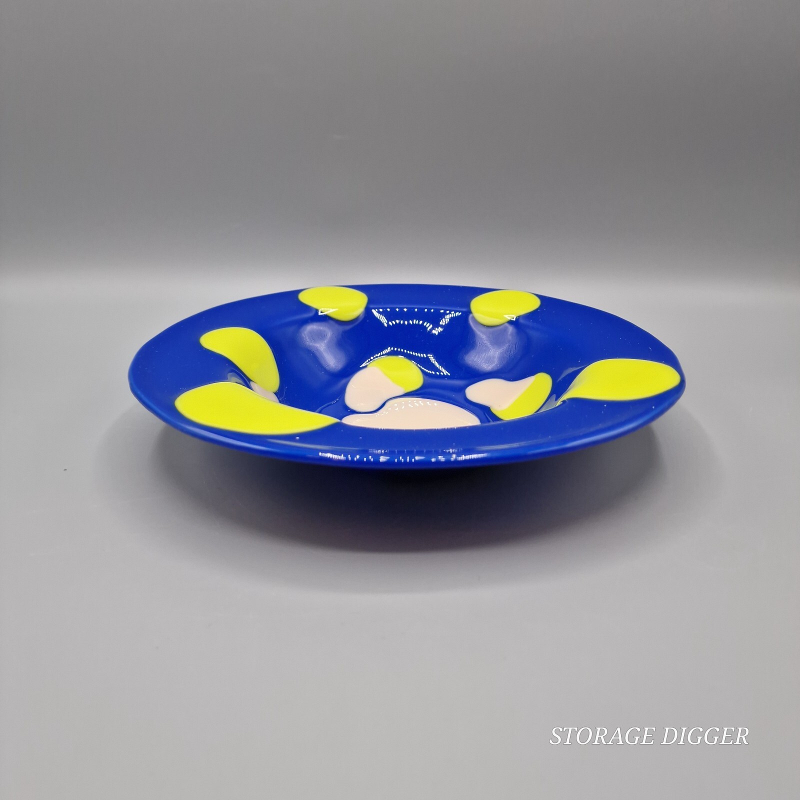 Vintage Glass Mac Studio 30144 Cobalt Blue Round Bowl Yellow & Pink Glaze Dots