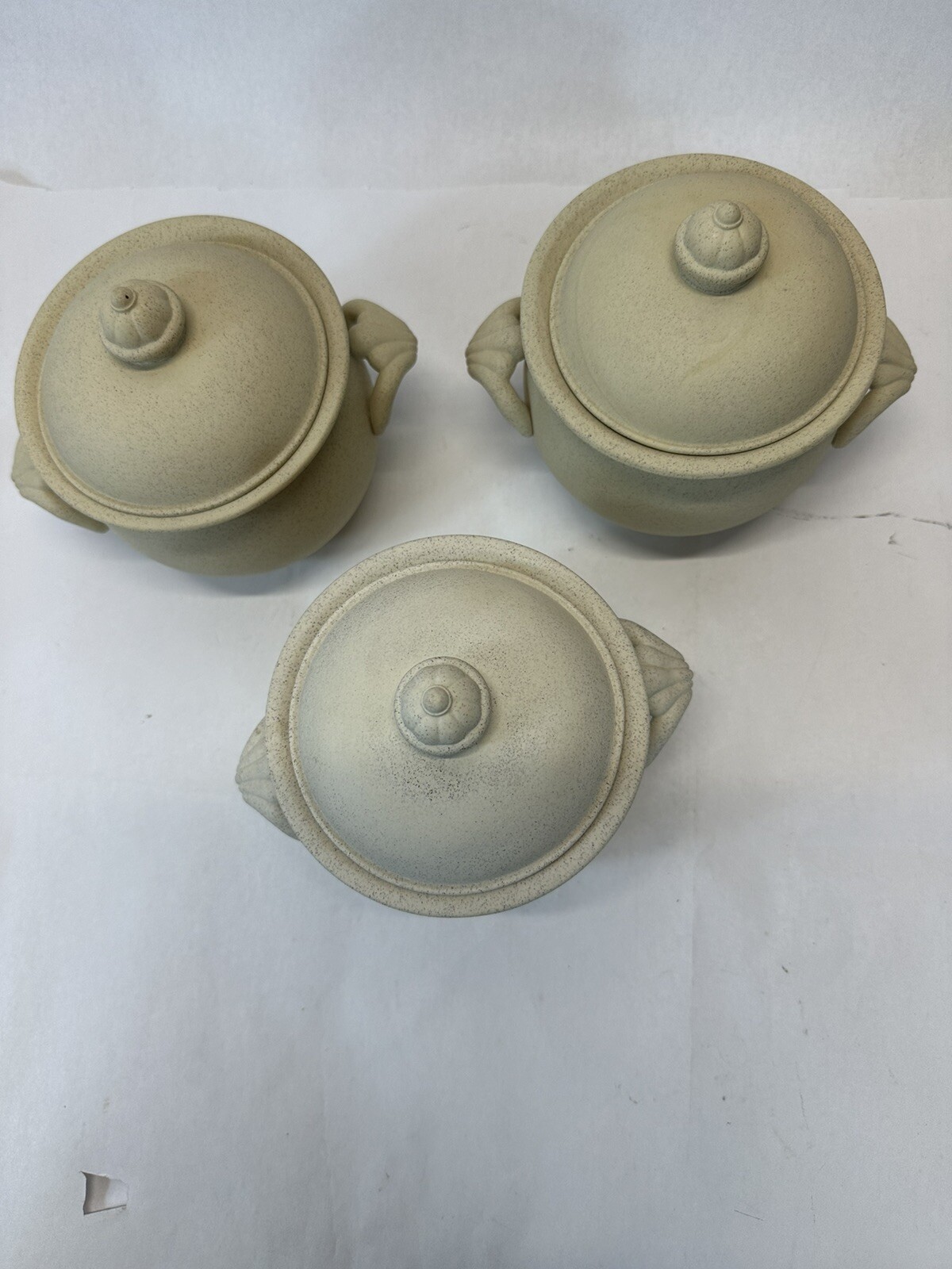 Unbranded Set Of Three Ceramic Bean Pots With Lids Fired But Not Glazed