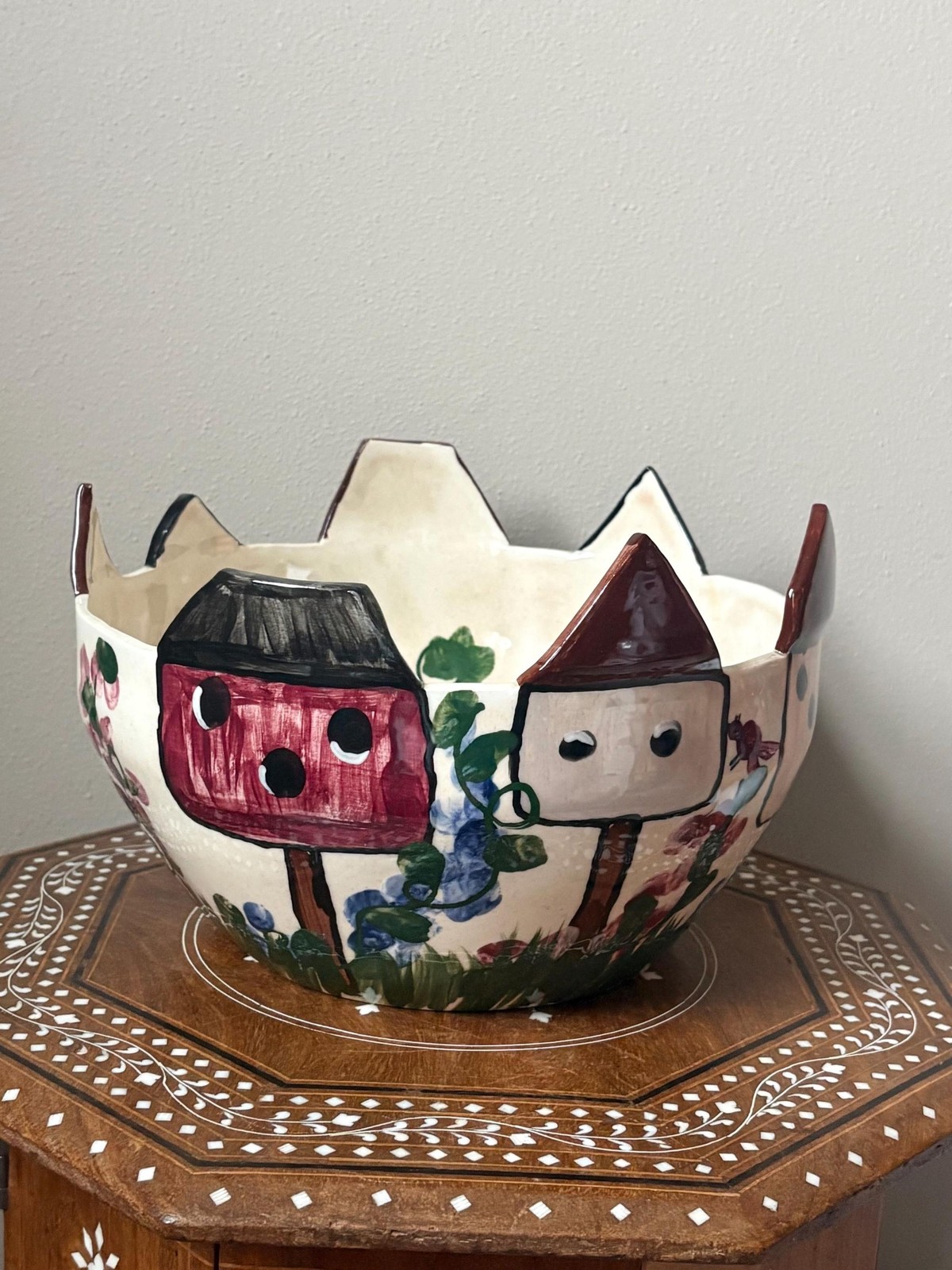Vintage 1997 Expressly Yours Large Ceramic Serving Bowl Birdhouses
