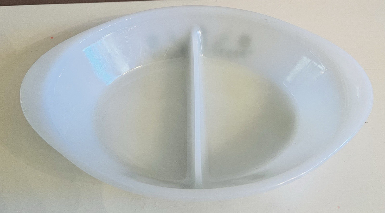 Milk  Glass   Divided  Dish  With   Green  Flower  Decoration