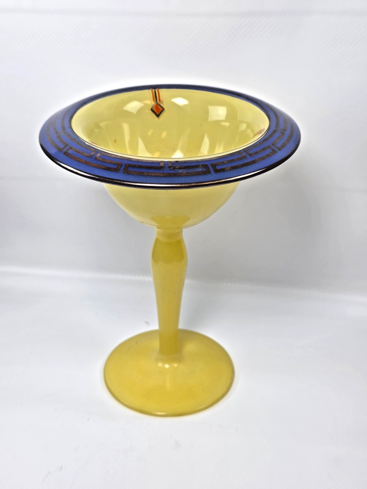 Antique Art Deco Glass Compote Bowl Yellow Cobalt Blue Greek Key Tazza Moser