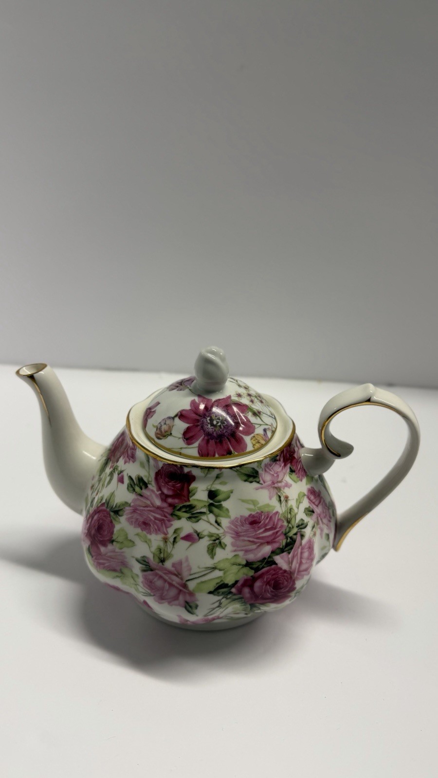Porcelain Floral Teapot with Pink Roses Gold Trim Lid Glossy White Pink Green