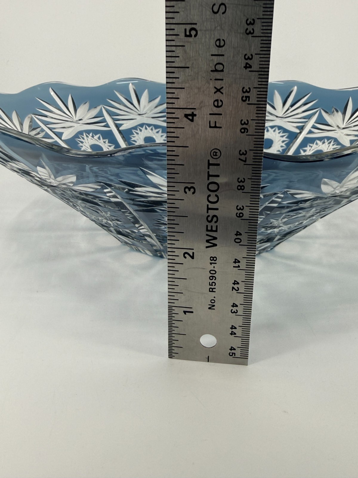 1950s Vintage Bohemian Lead Crystal Glass Cut To Clear Cobalt Blue Bowl 13″W