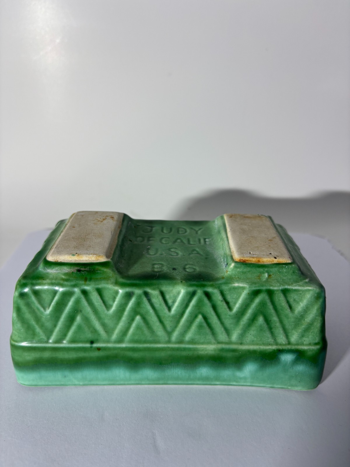 Vintage Mid Century Modern Judy of California Chevron Planter Green Drip Glaze