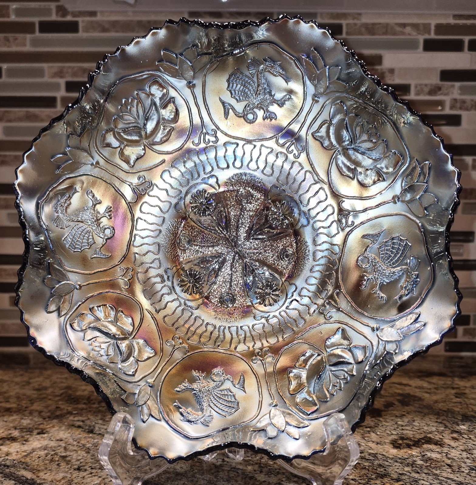 Antique Fenton Dragon/Lotus Bowl Cobalt Blue Metallic Finish 9in Across 2.5in…