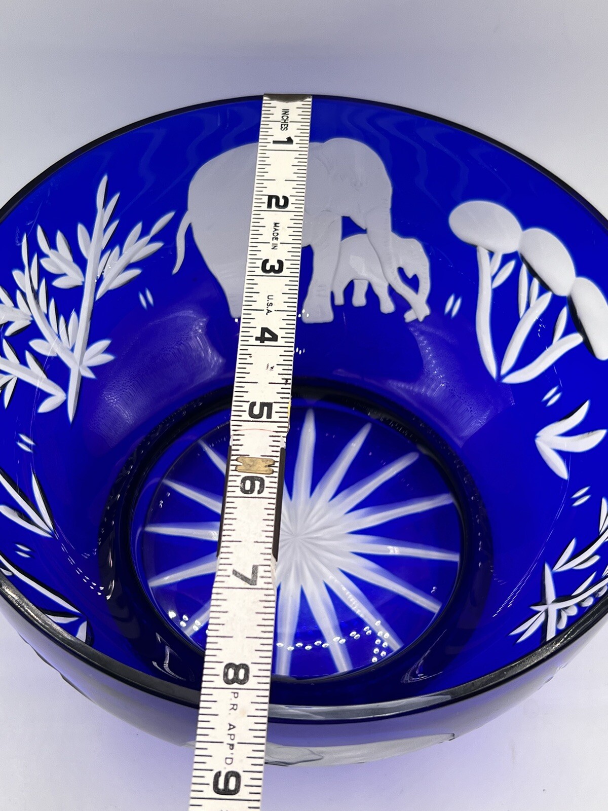 Bohemian Czech Cobalt Blue Cut to Clear Etched Elephants Glass Bowl Cameo Style