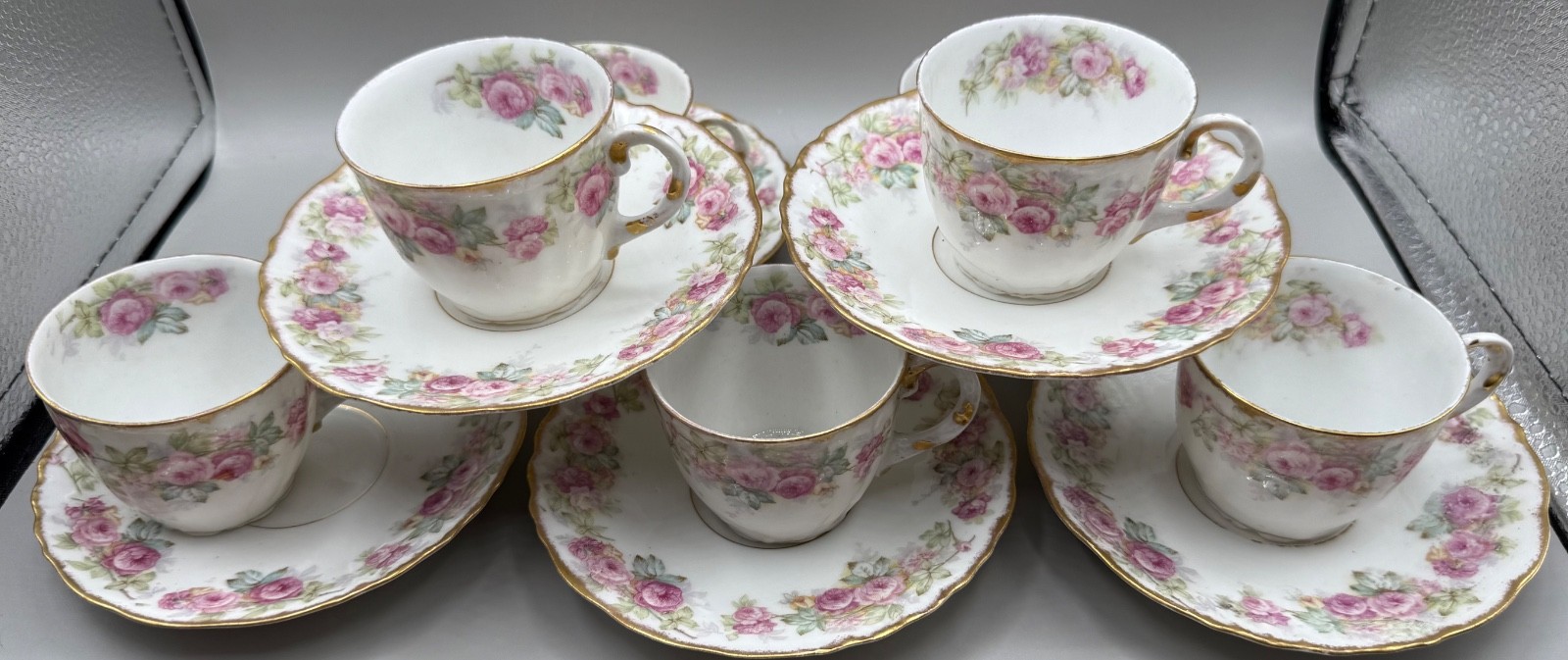 ANTIQUE LIMOGES DEMITASSE SET CUP SAUCER 16PC PINK ROSE FLOWER GARLAND FRANCE