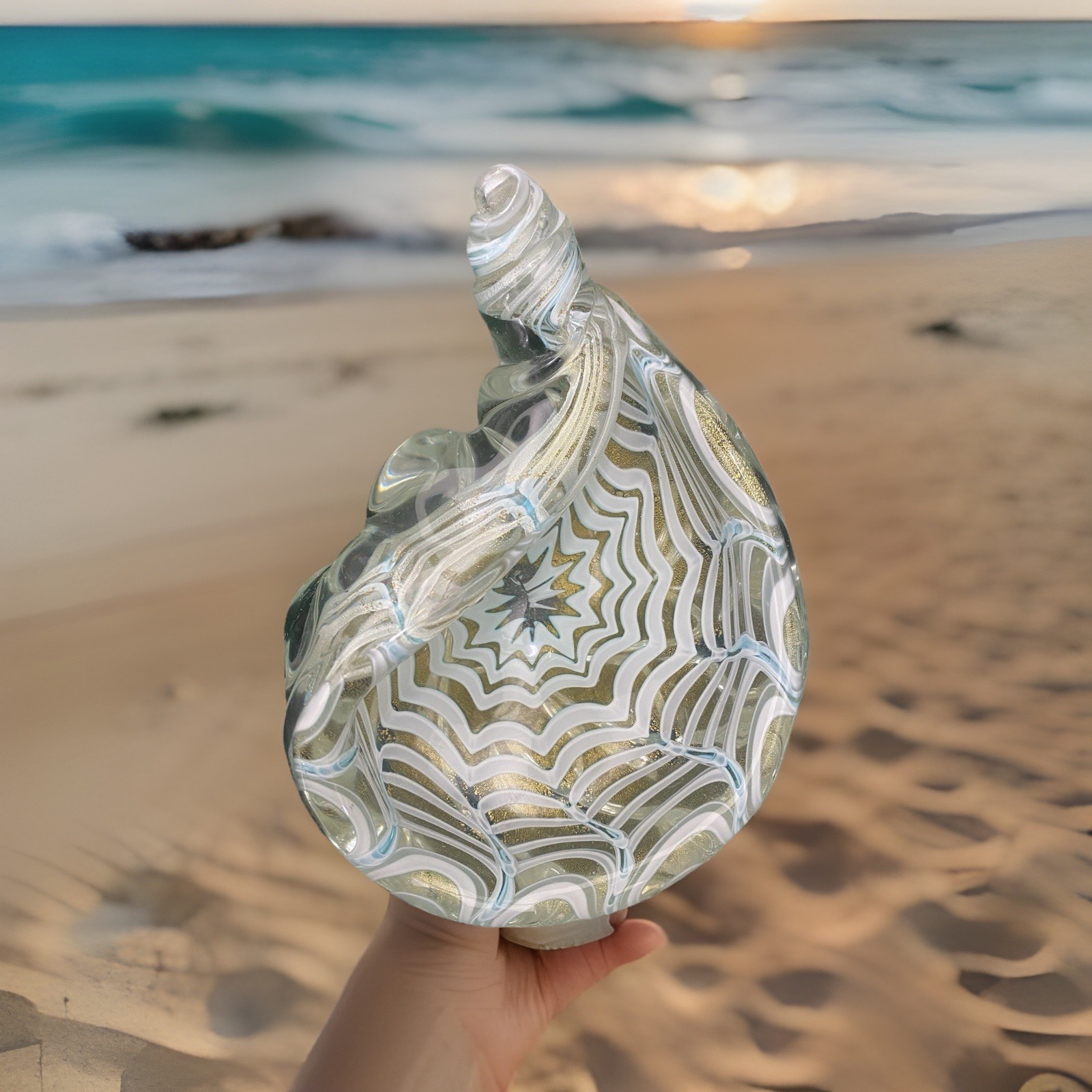 Stunning Vintage Murano Shell Bowl Blue, White And Gold-2 1/2 Pounds, A+