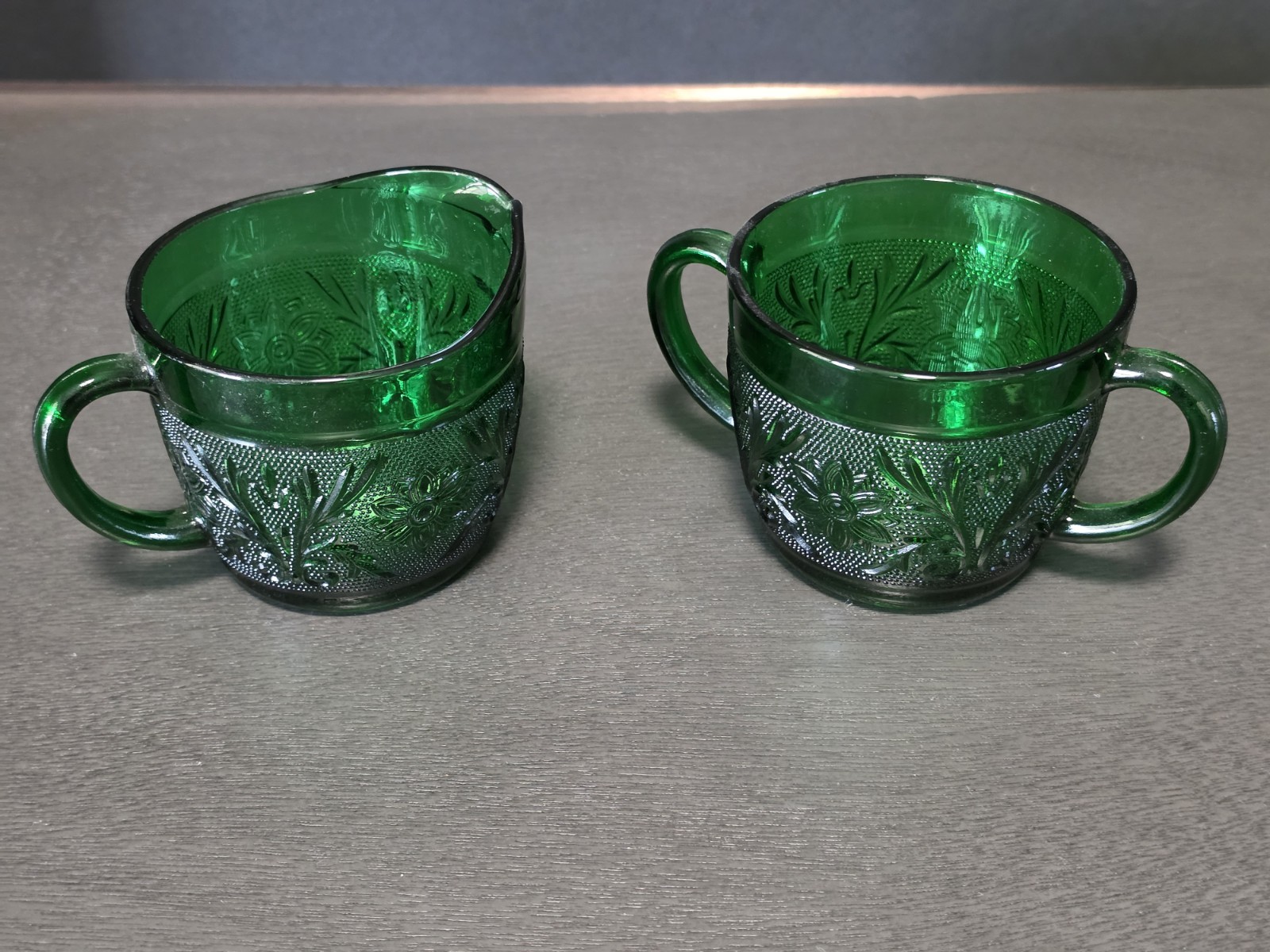 1950s Forest Green Sandwich Glass Creamer and Sugar Bowl