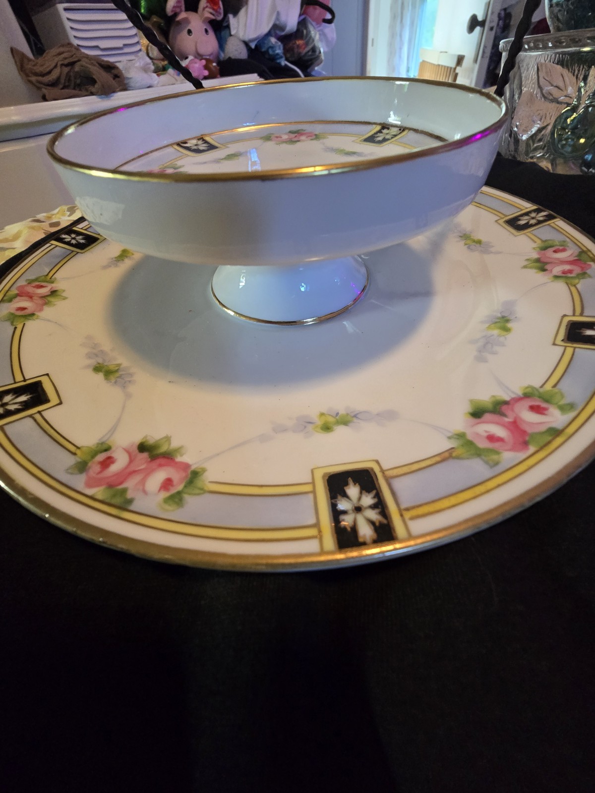 Nippon Porcelain Plate White Pink Blue Floral Gold Trim Black Border Round
