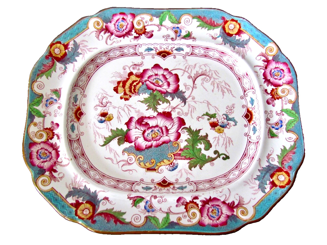 Antique Cauldon Large Platter Bentinck Turquoise Floral Transferware England