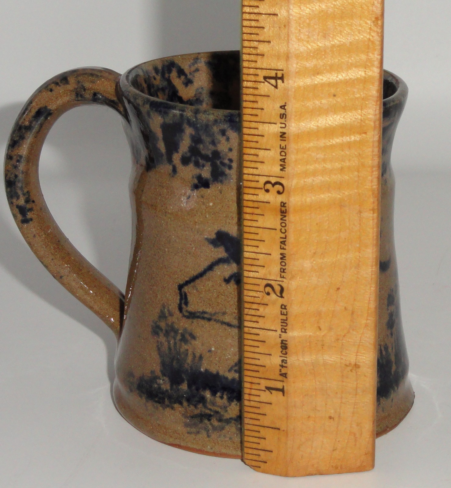 Becky Mummert Folk Art Mug ~ 3.5” tall Pottery ~ Salt Glazed w/Blue Pig ~ 1997