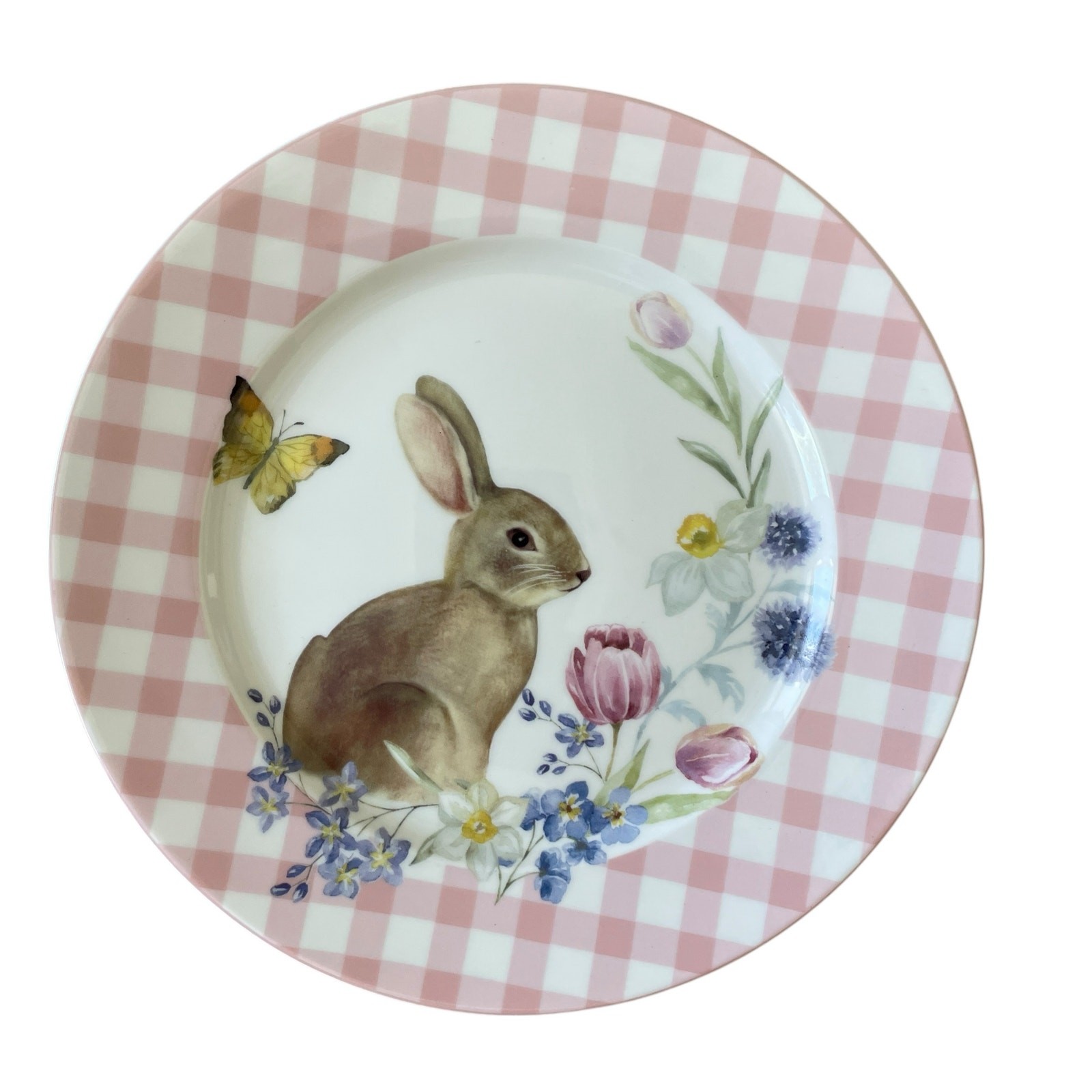 Grace Teaware Bunny Floral Pink Gingham 8in Side Salad Plates Set of 4 NEW