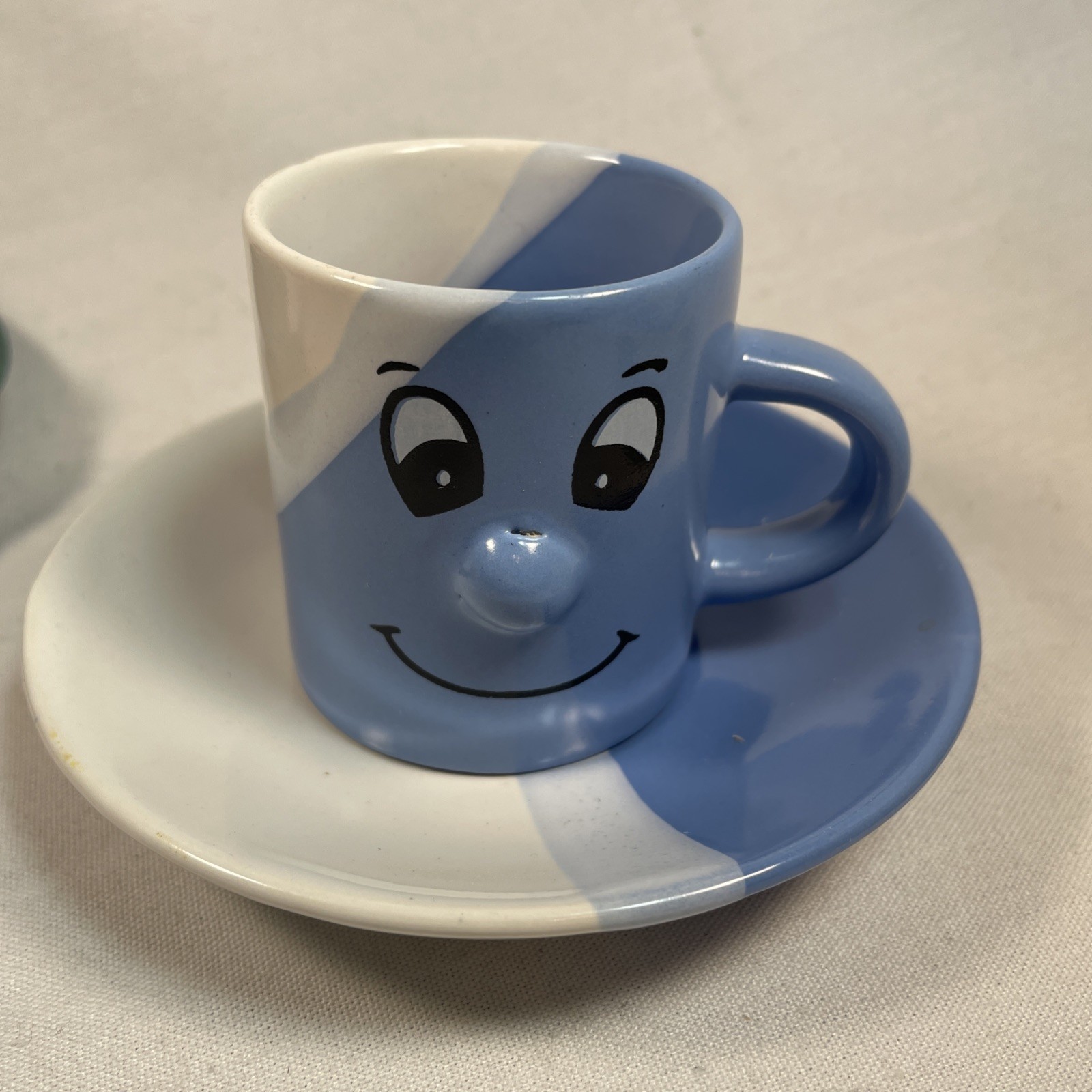 Funny Face Espresso Demitasse Coffee Mugs~Matching Saucers Ceramic 2.25” Kitschy