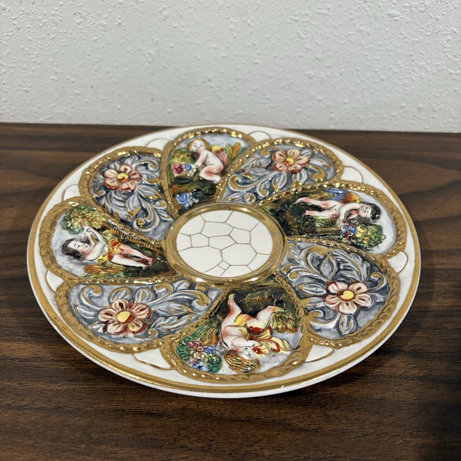 Capodimonte Porcelain Cherubs Candy Dish Bowl & Plate Lidded Footed 1366 Angels