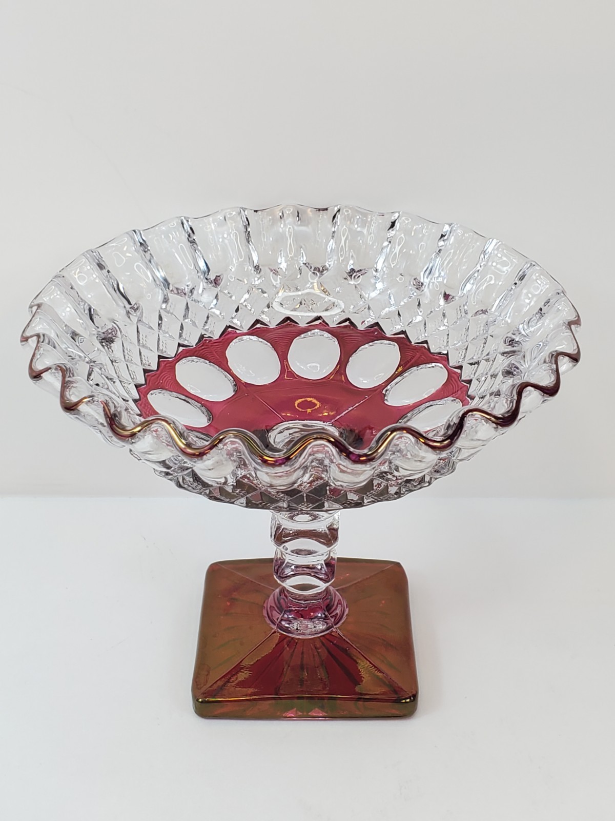 Vintage Westmoreland Compote Ruby Stain Ruffled Edge Glass Pedestal Bowl