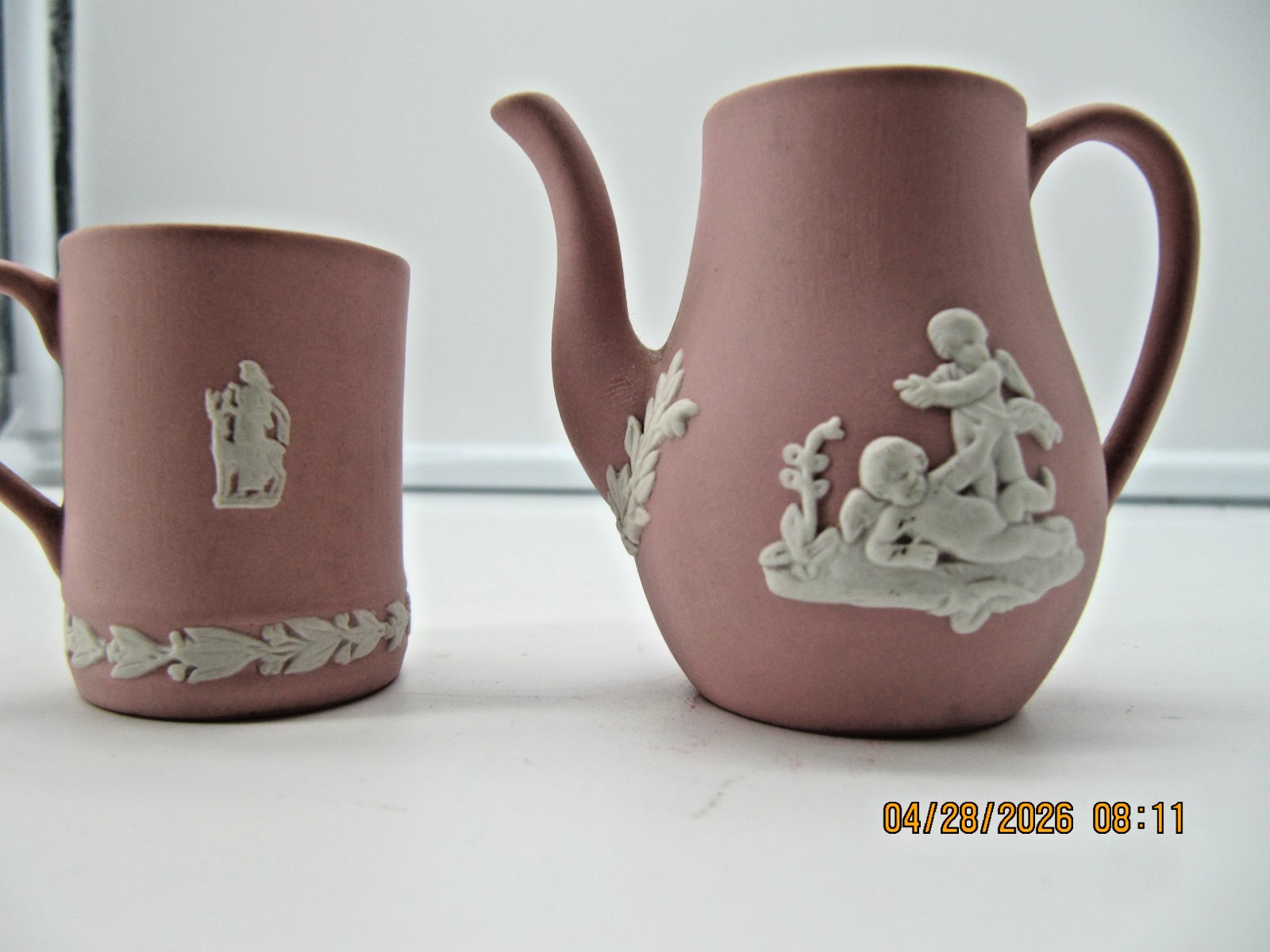 Wedgewood Minature Pink Jasperware Coffee Pot & Cup