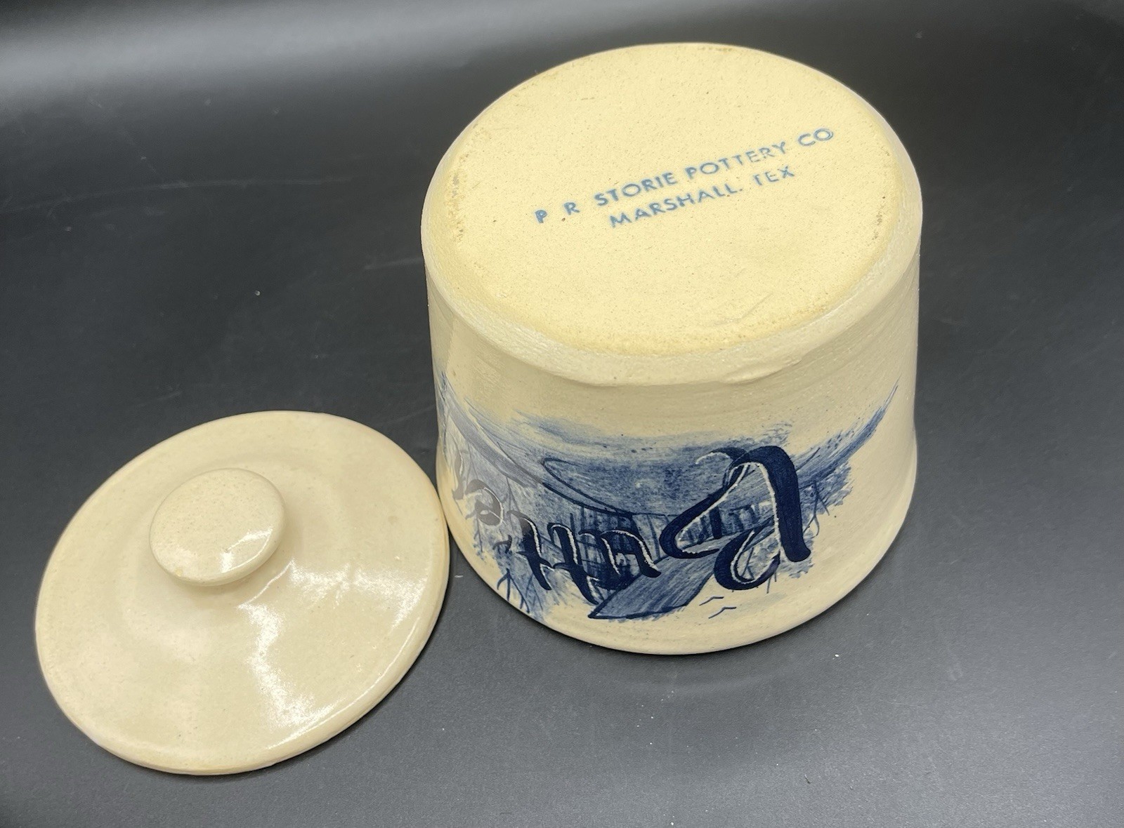 P.R. Storie Pottery Covered Bridge Butter Crock With Lid, Blue Glaze, Art Scene