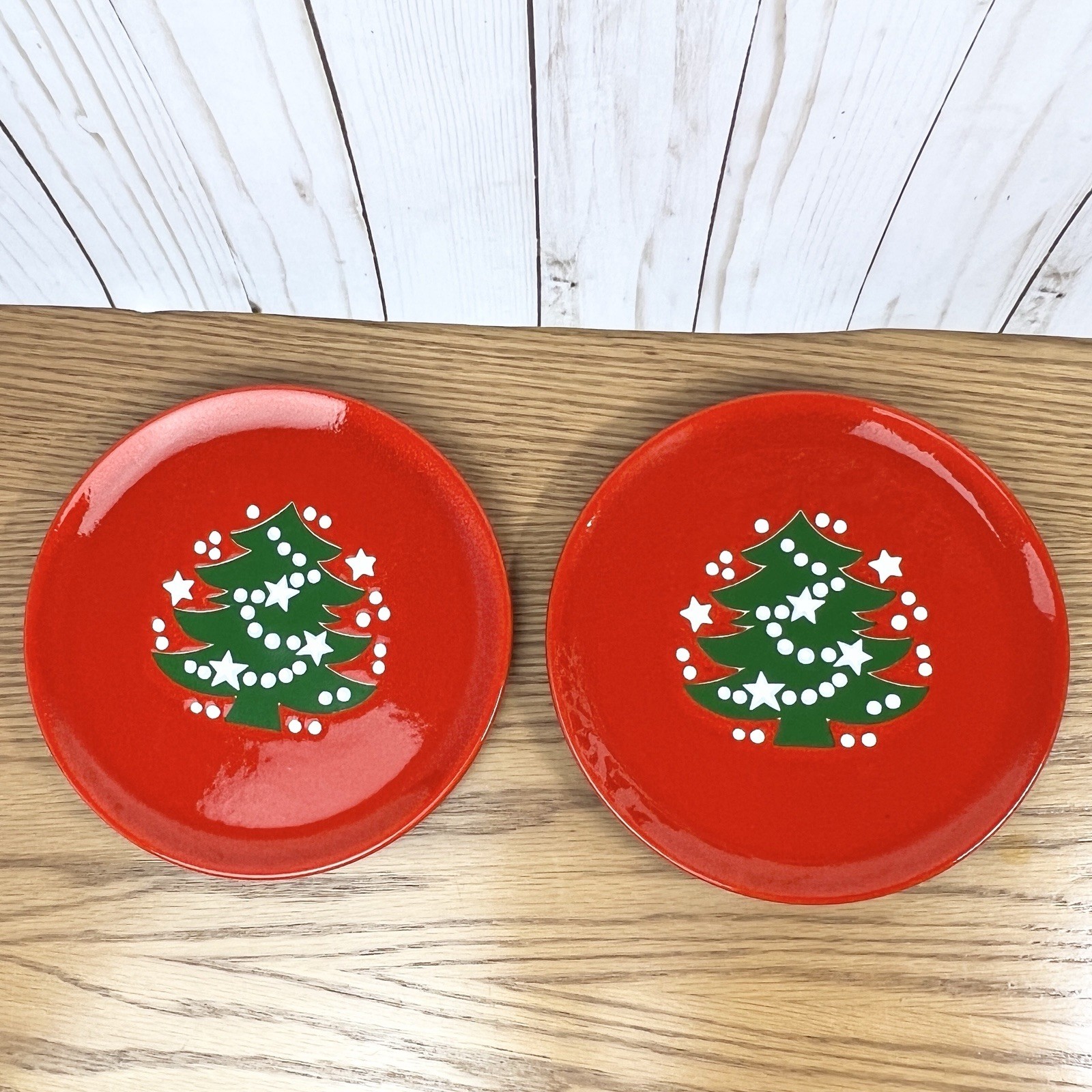 Waechtersbach Germany Red Christmas Tree 7.75″ Salad Plates Bread Dessert Set 6