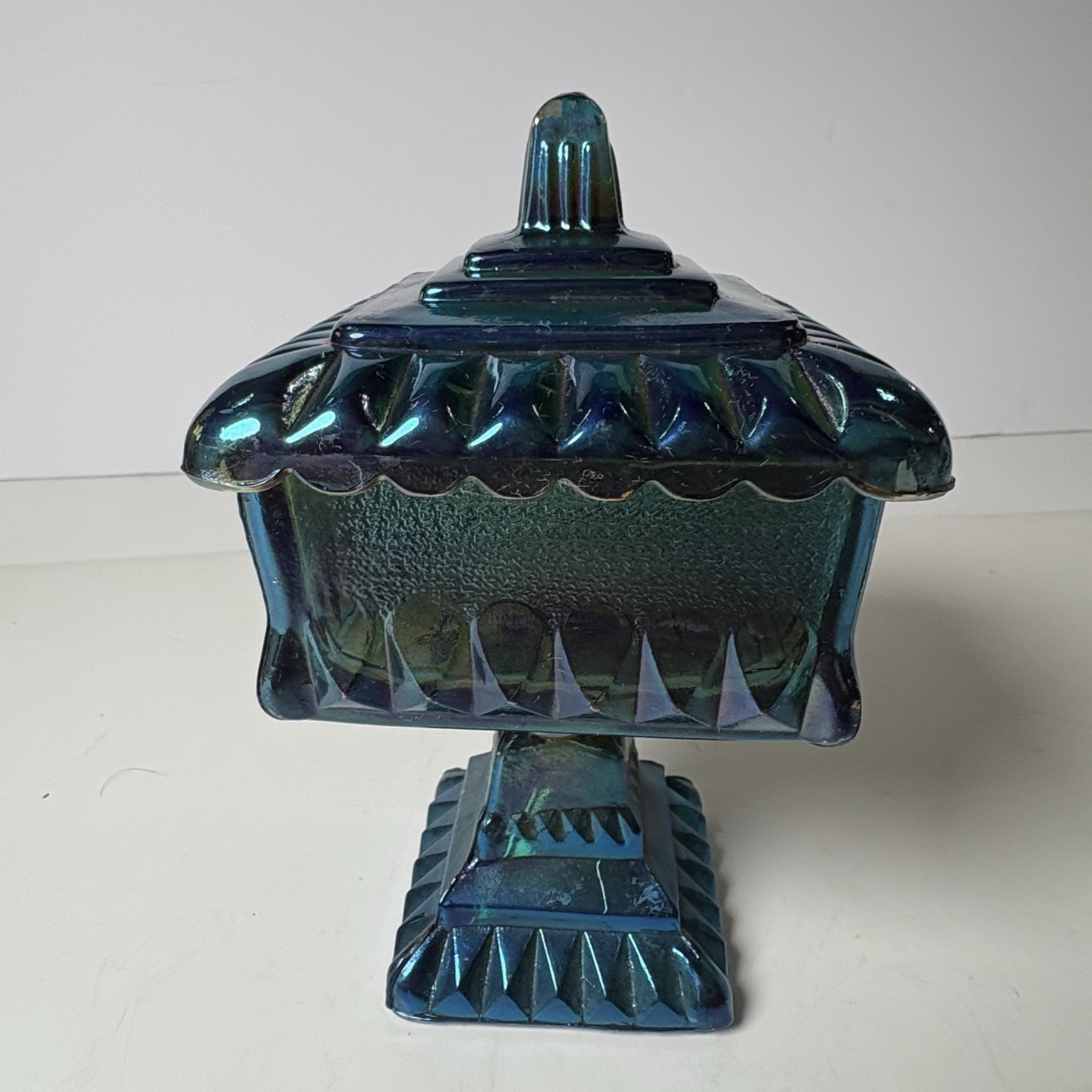 Vintage Jeannette Glass Wedding Cake Box Candy Dish Iridescent Blue Green 1960s