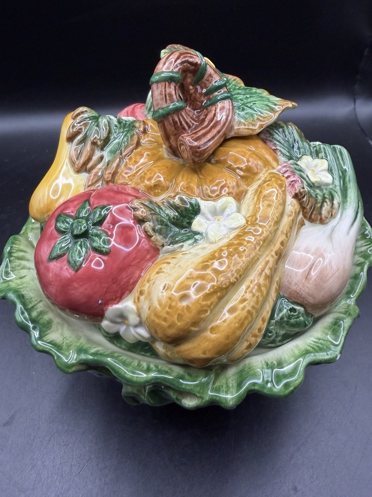 Vtg Fitz& Floyd Classics Ceramic Bowl W/Lid “Gardening Gourmet” 5” Tall Majolica