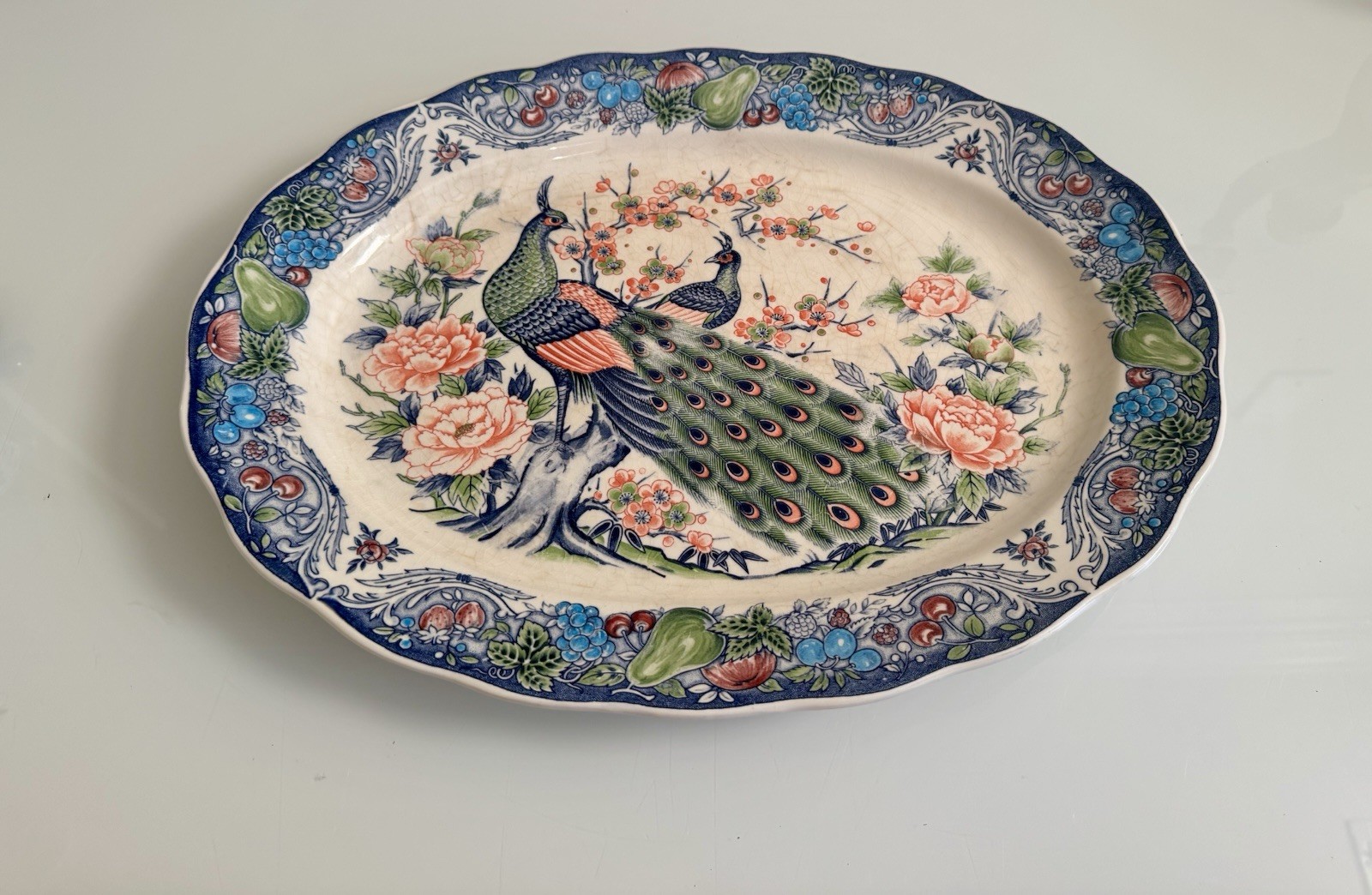 Vintage Empress SM Japan Large Serving Platter Colorful Peacock Rare 18”