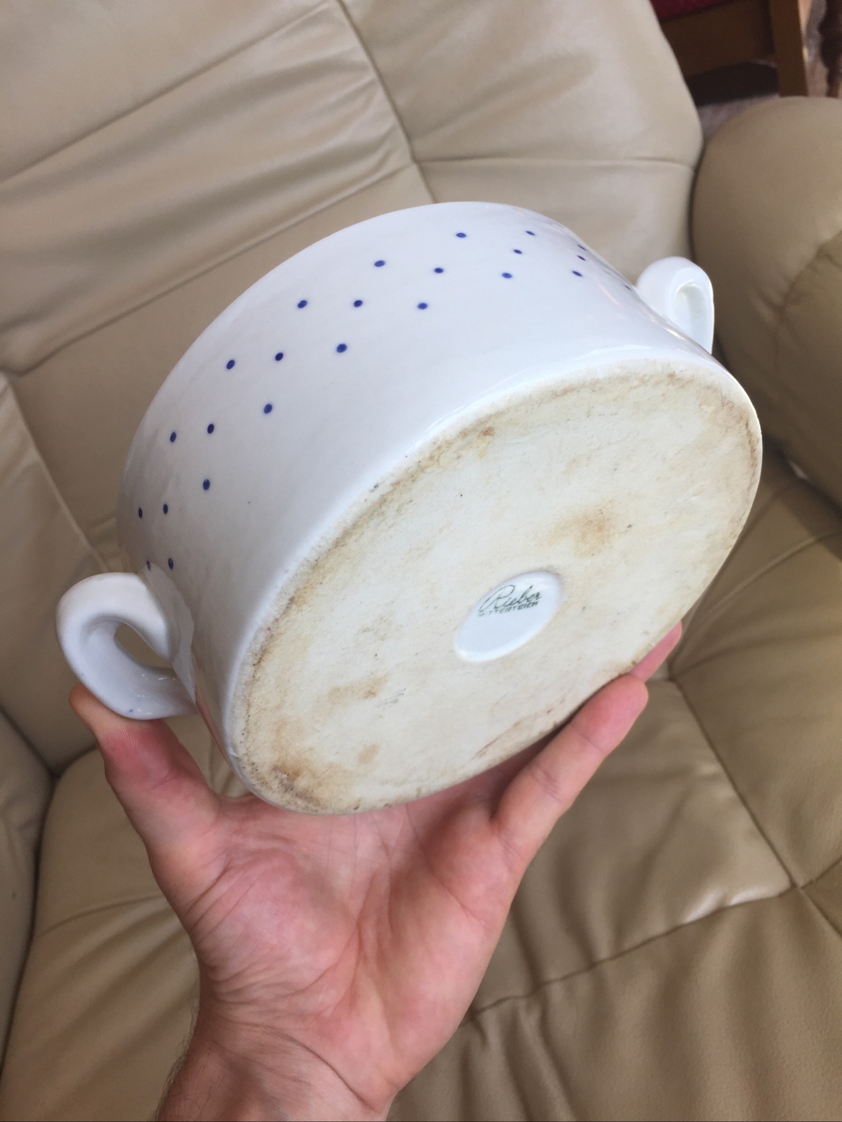 Rieber Mitterteich Bavaria BLUE DOTS SPOTS SPECKLES Handled Round Serving Dish