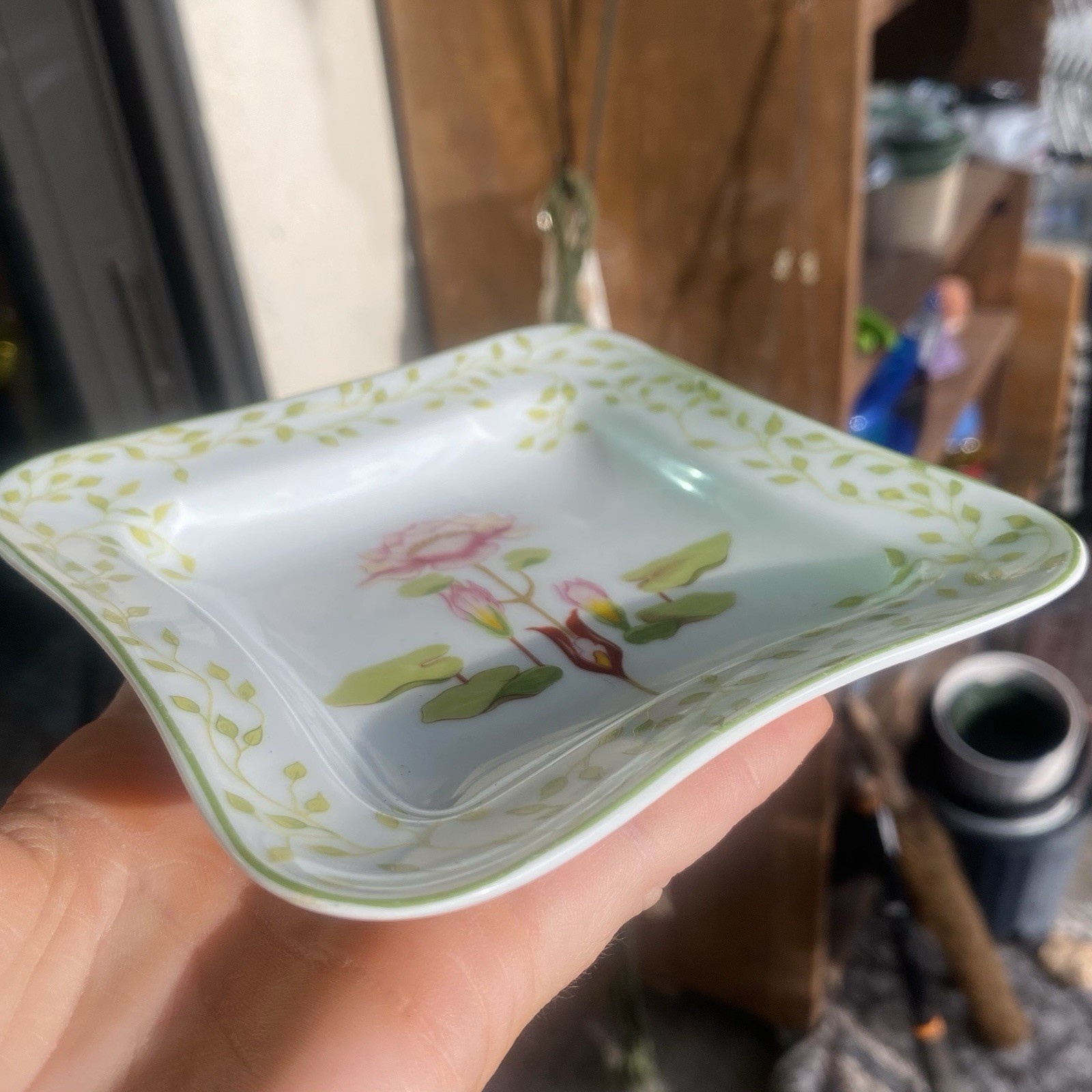Raynaud & Cie Limoges France Floral Square Porcelain Dish 5 in Green Pink
