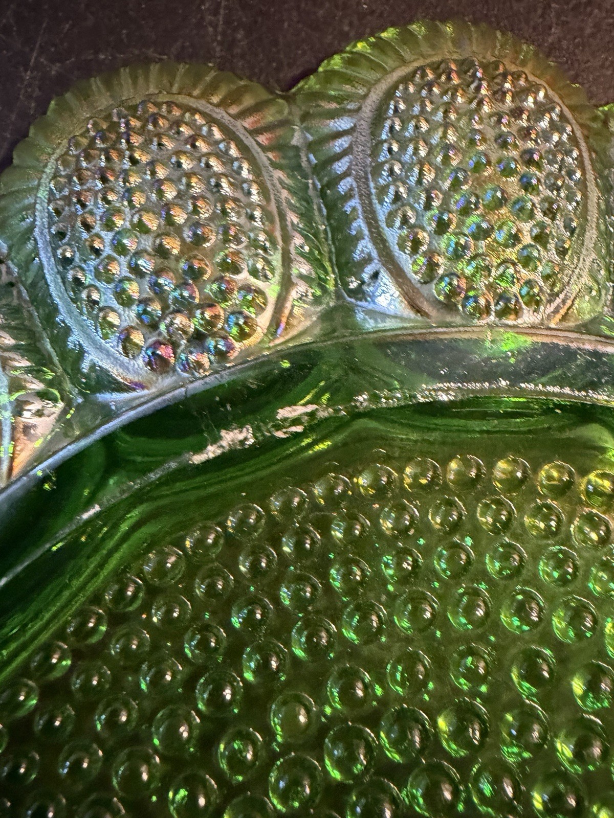 Vintage Indiana Glass Carnival Green Hobnail Egg Plate Iridescent