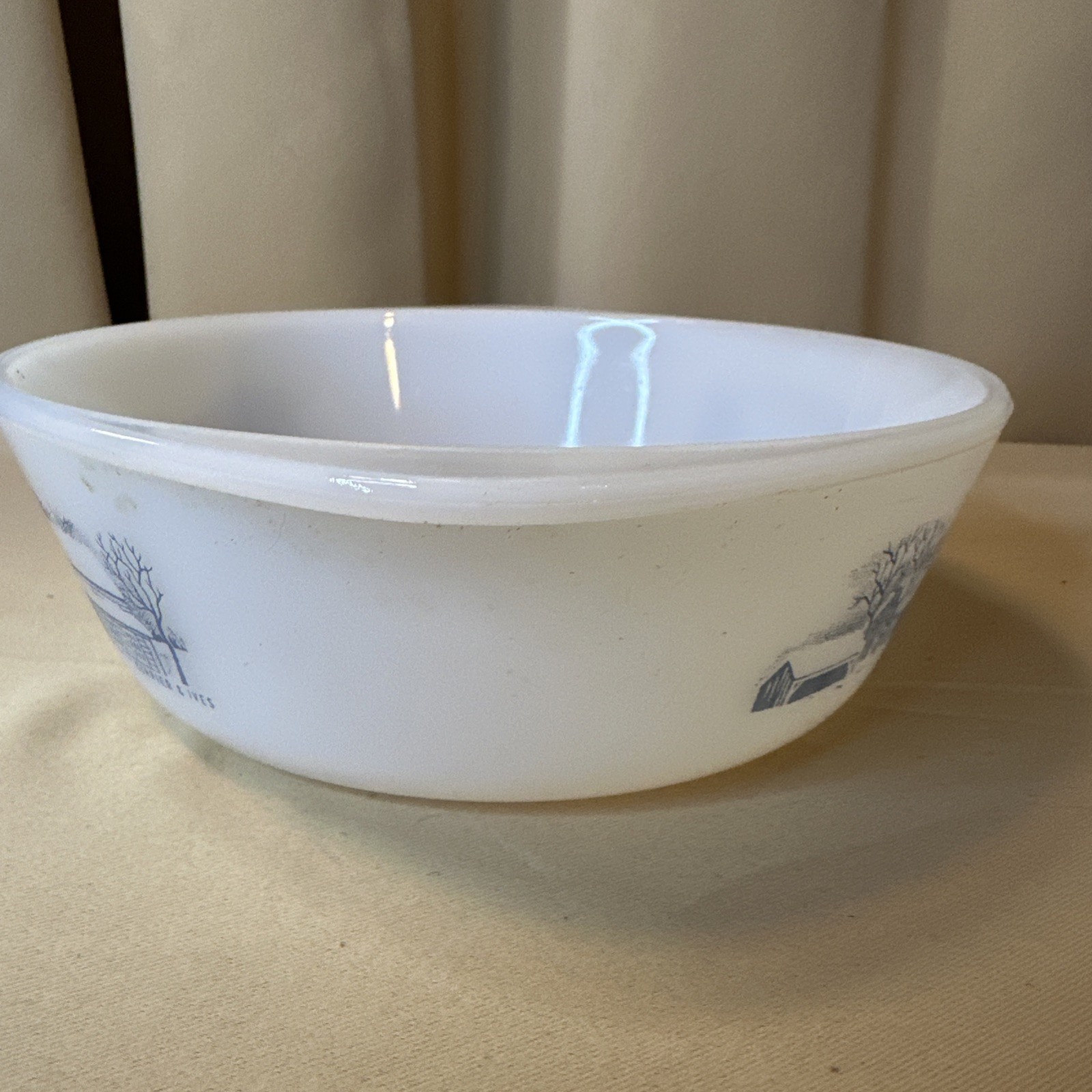 Vintage Glasbake Currier & Ives 2 Qt Casserole Dish Farm Scene Blue White