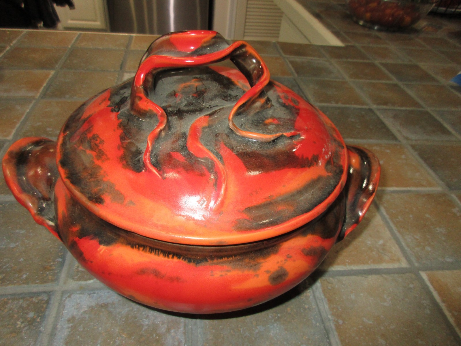 Vintage ~ Studio Art Pottery ~ Covered Casserole Dish ~ Orange/Black Lava Glaze