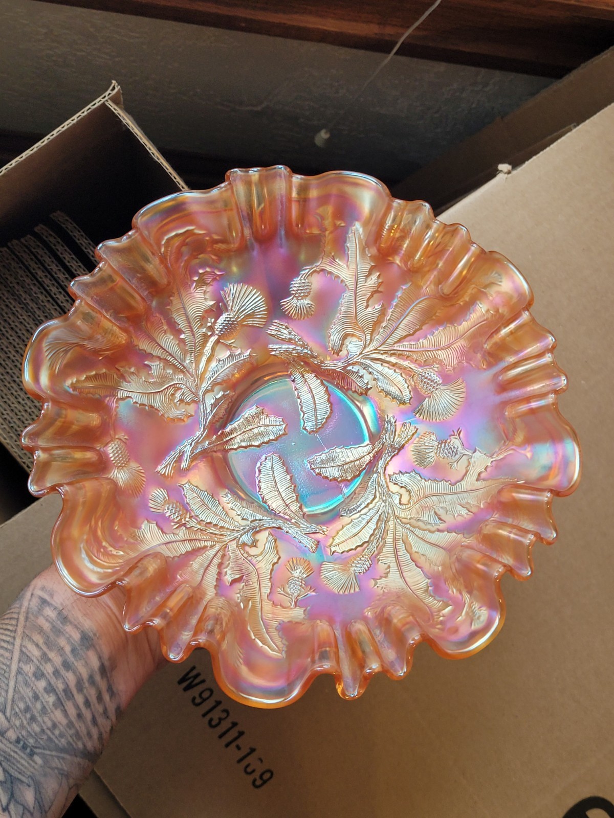Pretty Fenton Marigold Carnival Glass Thistle Pattern 3 & 1 Edge Bowl