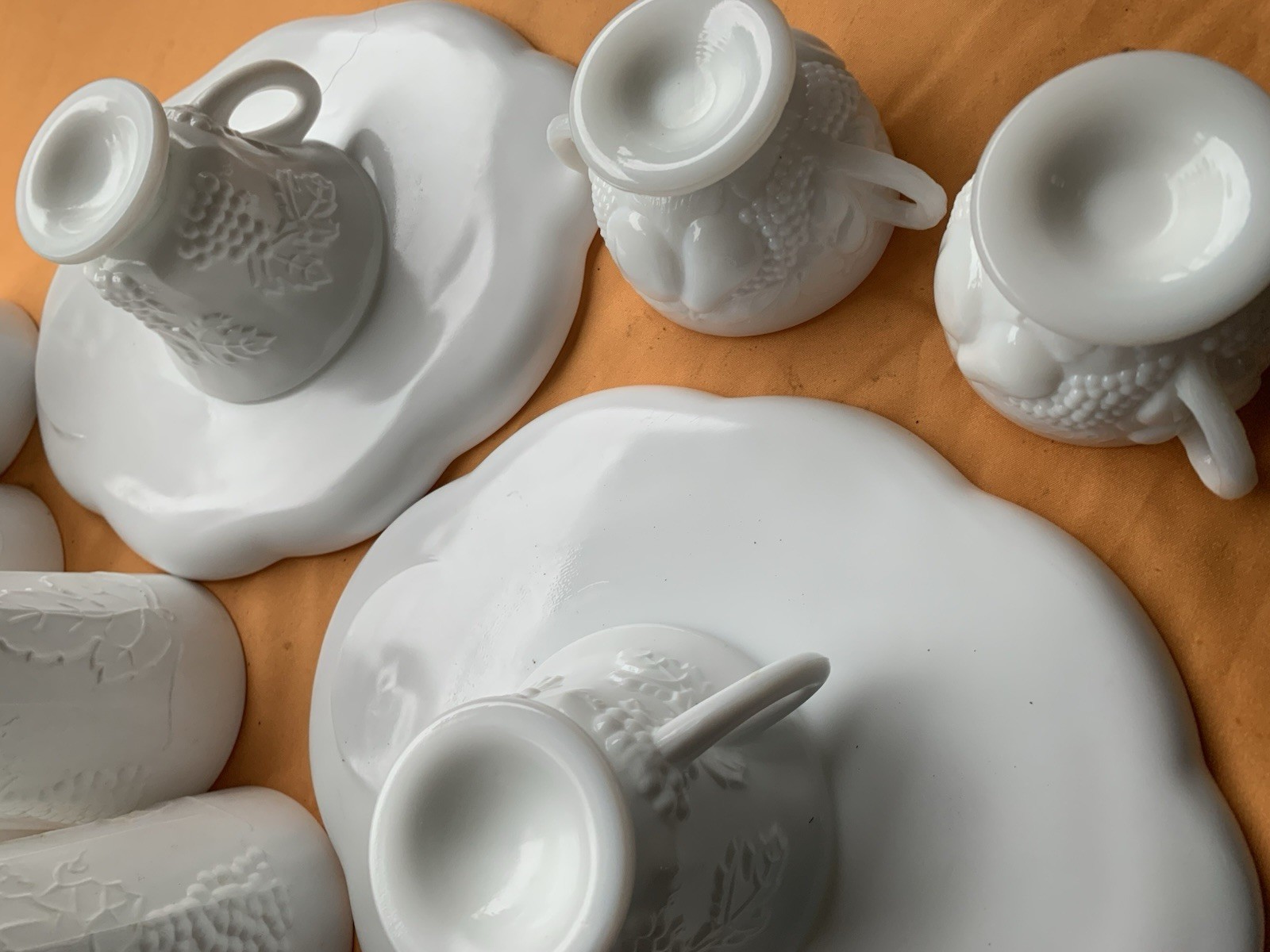 White Ceramic Grapevine Embossed Dinner Set Plates Cups Bowls Tumblers Vintage